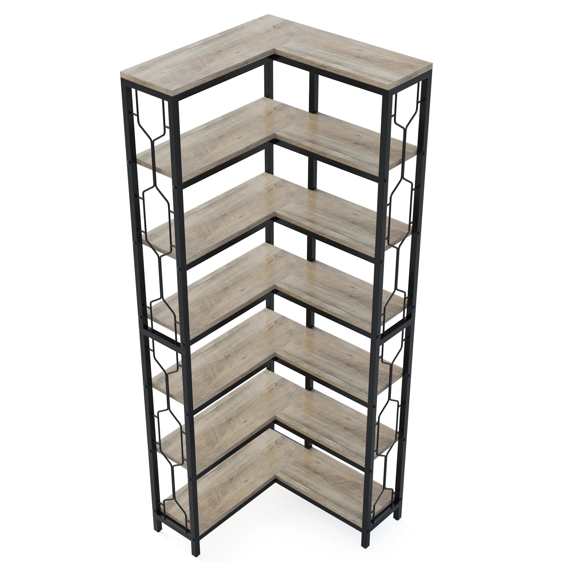 Industrial Corner Bookcase with 7 Shelves and Black Metal Frame for Living Room — 71" Tall