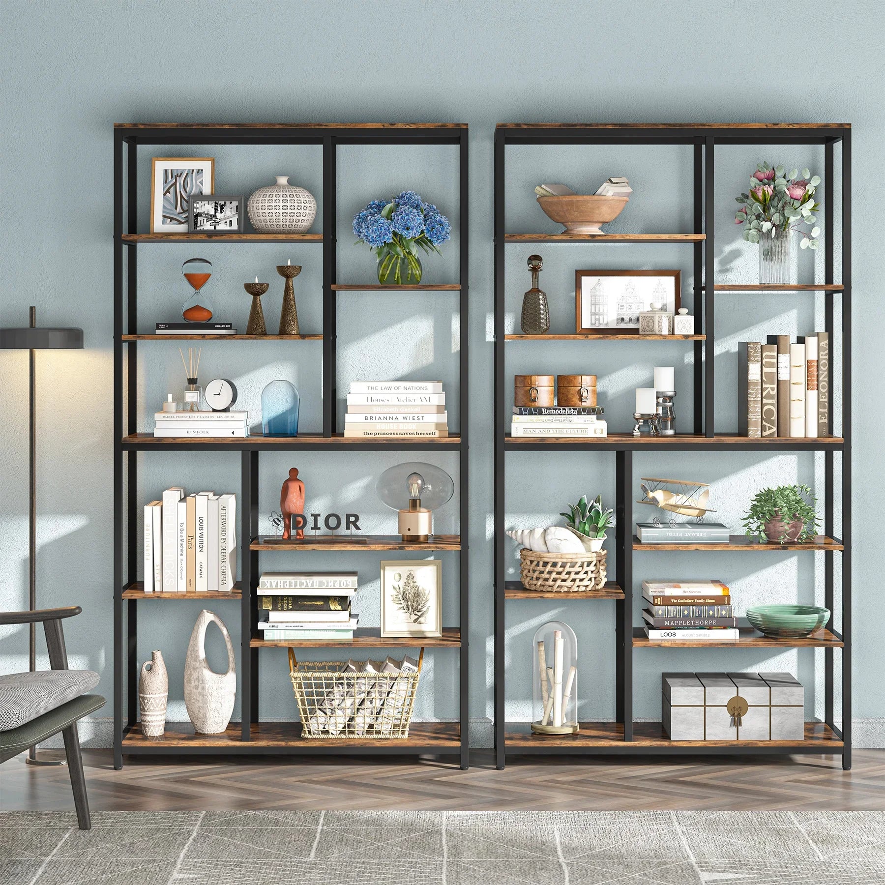 Industrial Bookcase with Open Shelves for Living Room — 79in 9-Tier Etagere