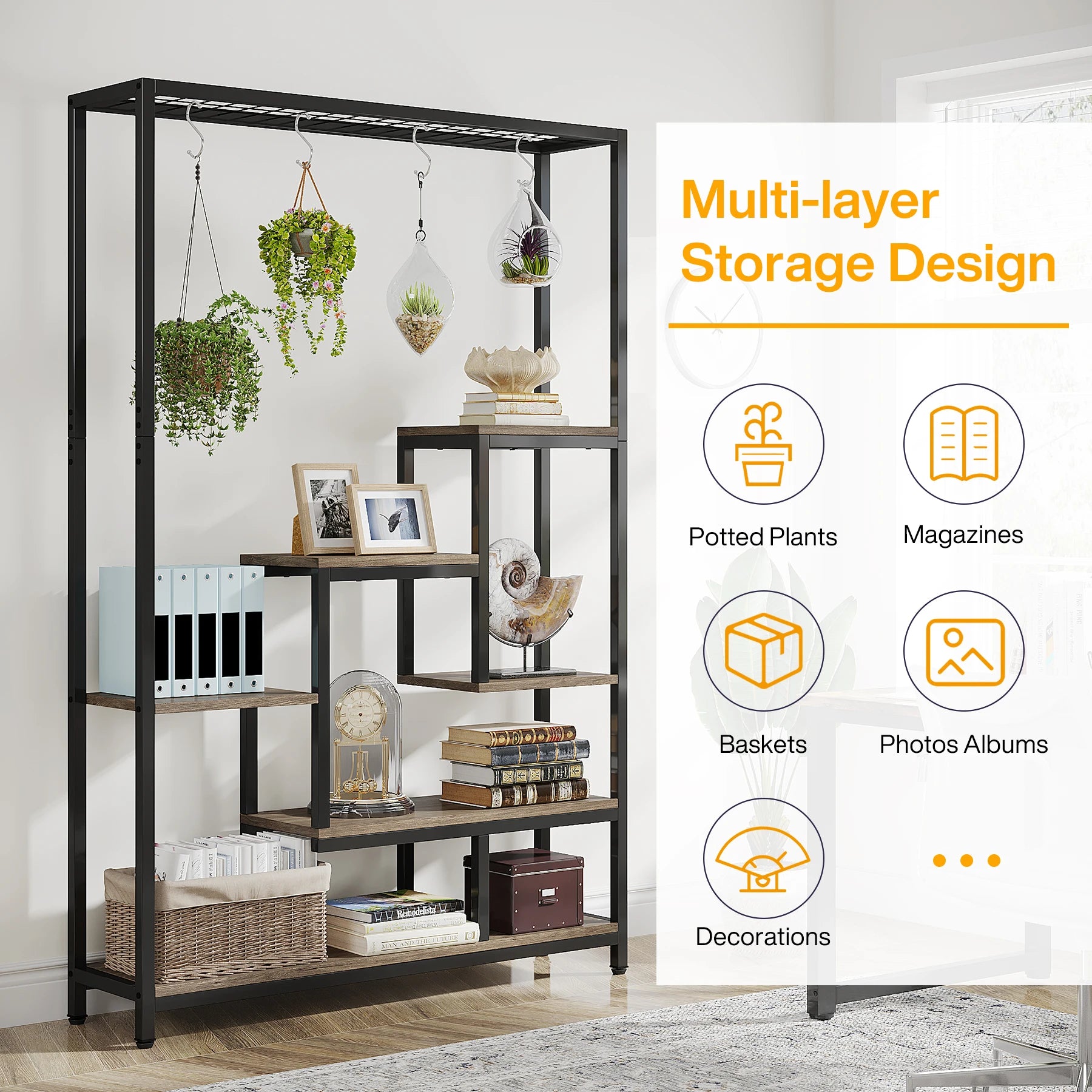Industrial Metal Plant Stand with Hanging Hooks for Living Room — 5-Tier, 70.9in Tall