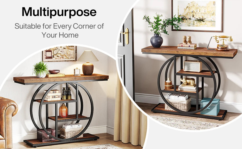 Rustic Wood 4-Tier Console Table with Round Metal Frame for Entryway — 41.3in