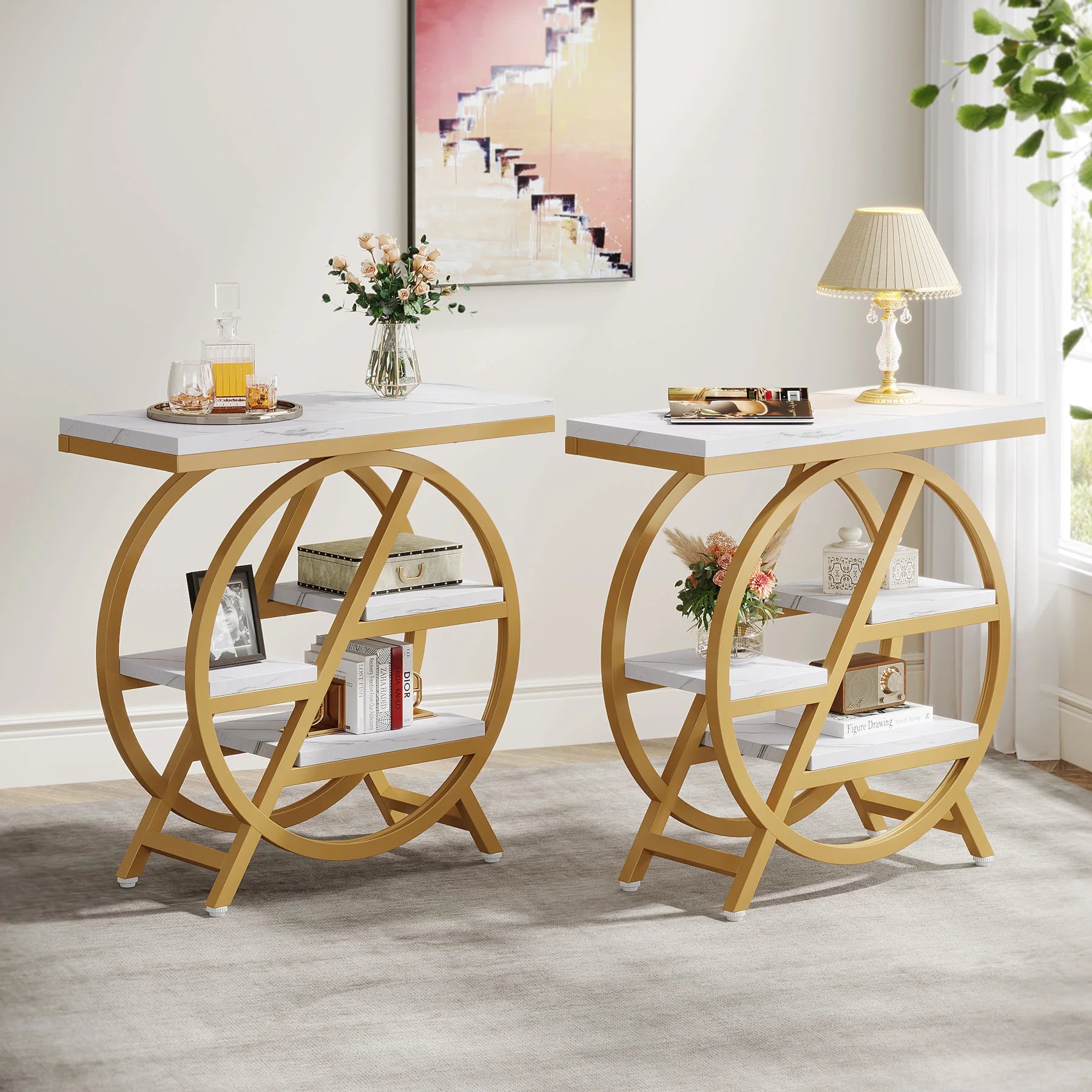 Rustic Wood 3-Tier Side Table with Round Metal Frame for Living Room — Narrow