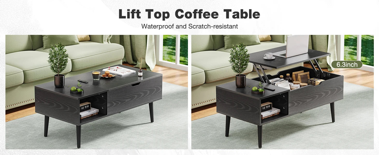 Mid-Century Lift-Top Coffee Table with Hidden Storage for Living Room — 39"W