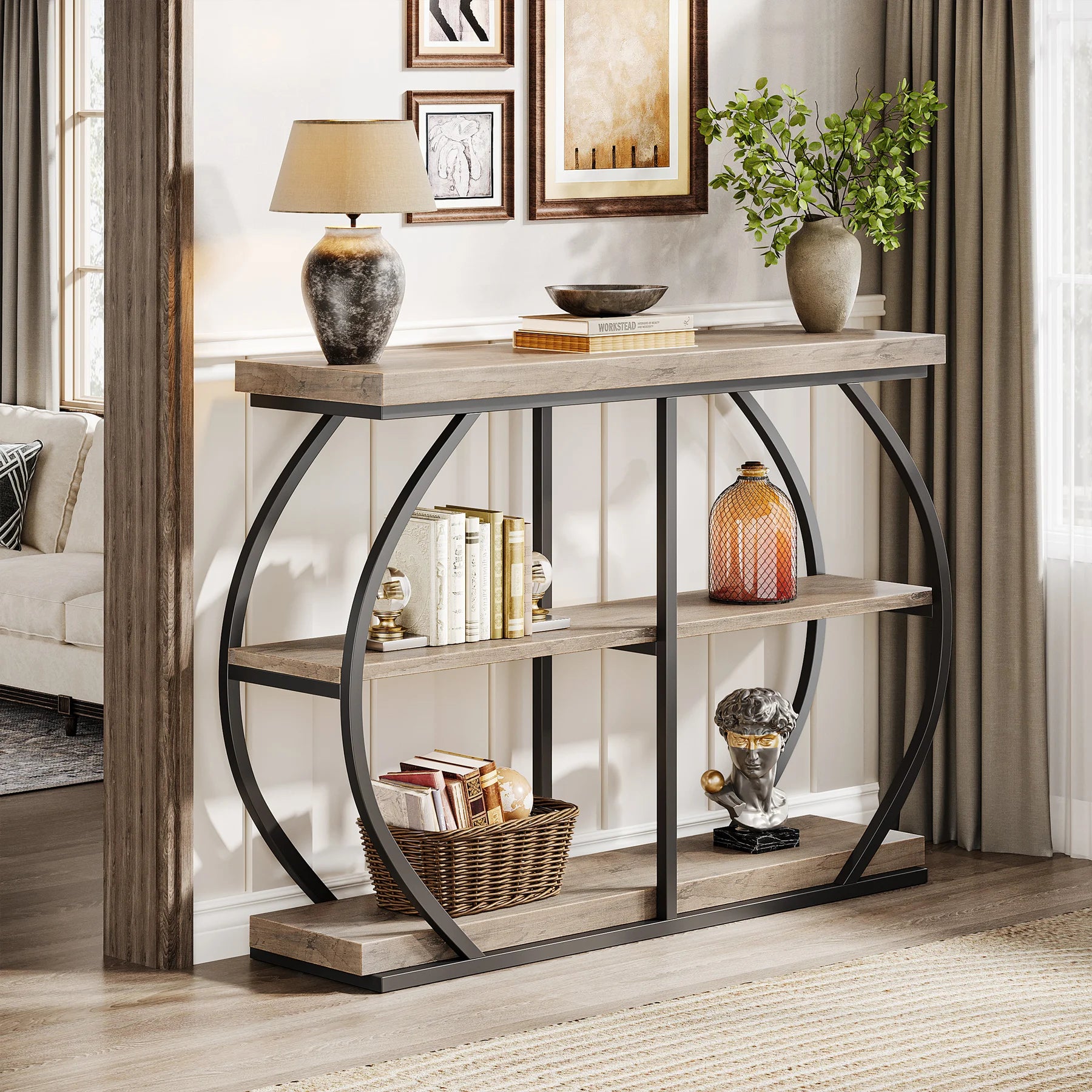 Rustic Industrial Console Table with Arched Metal Frame and 3 Storage Shelves for Entryway — 41 in