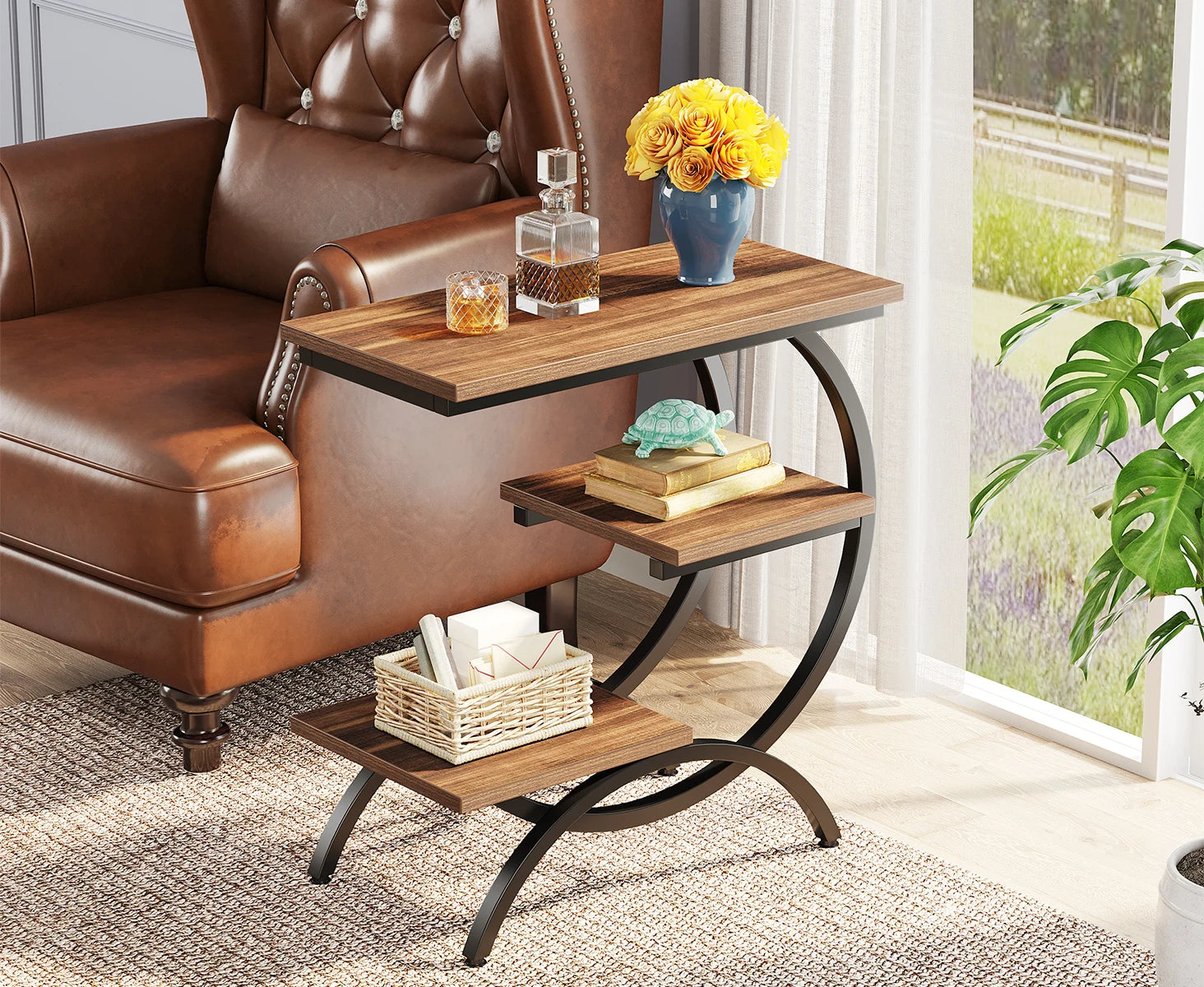 Industrial 3-Tier Side Table with Curved Metal Frame for Living Room — Rustic Brown Wood