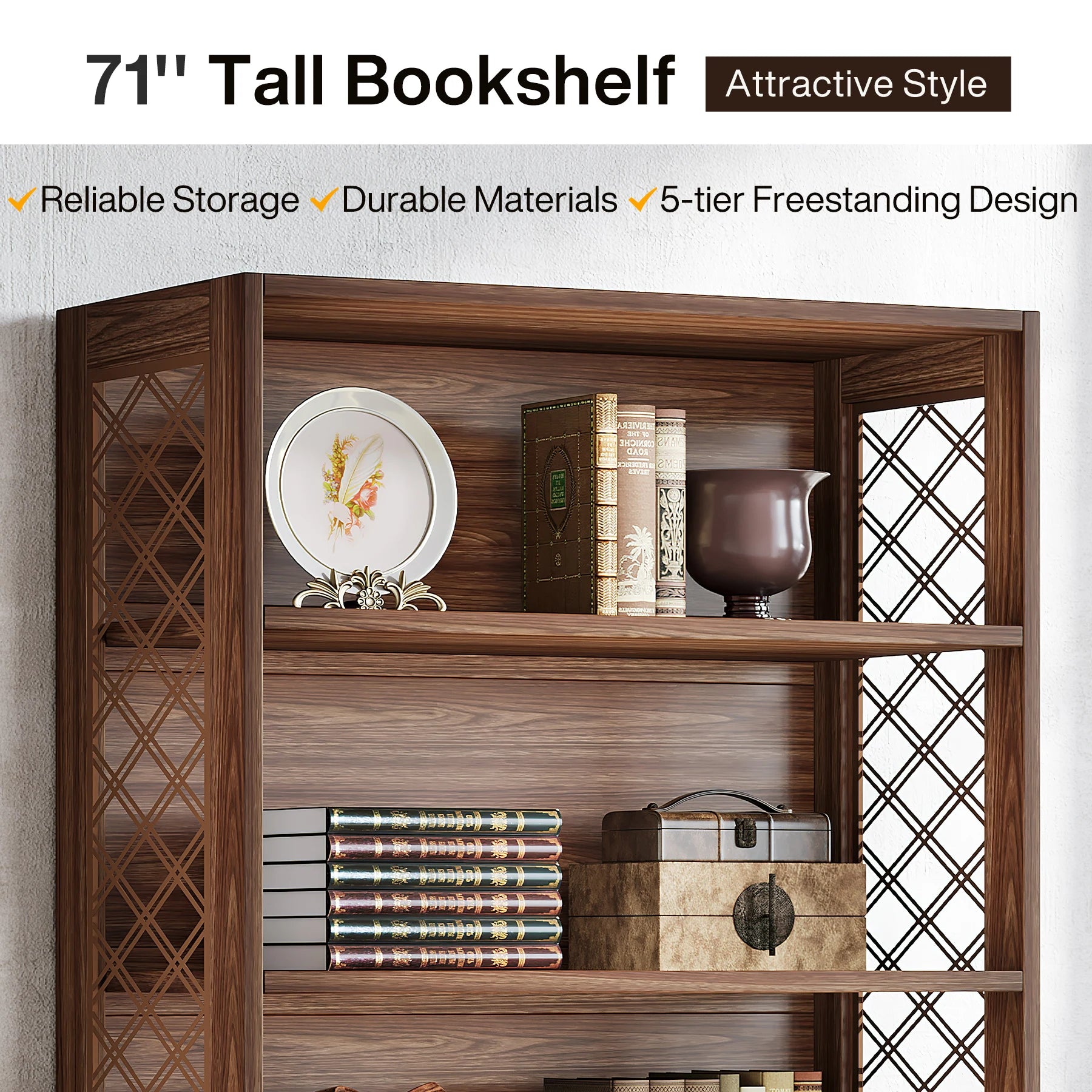 Industrial 6-Tier Bookcase with X-Frame for Living Room — 71in Tall Open Bookshelf