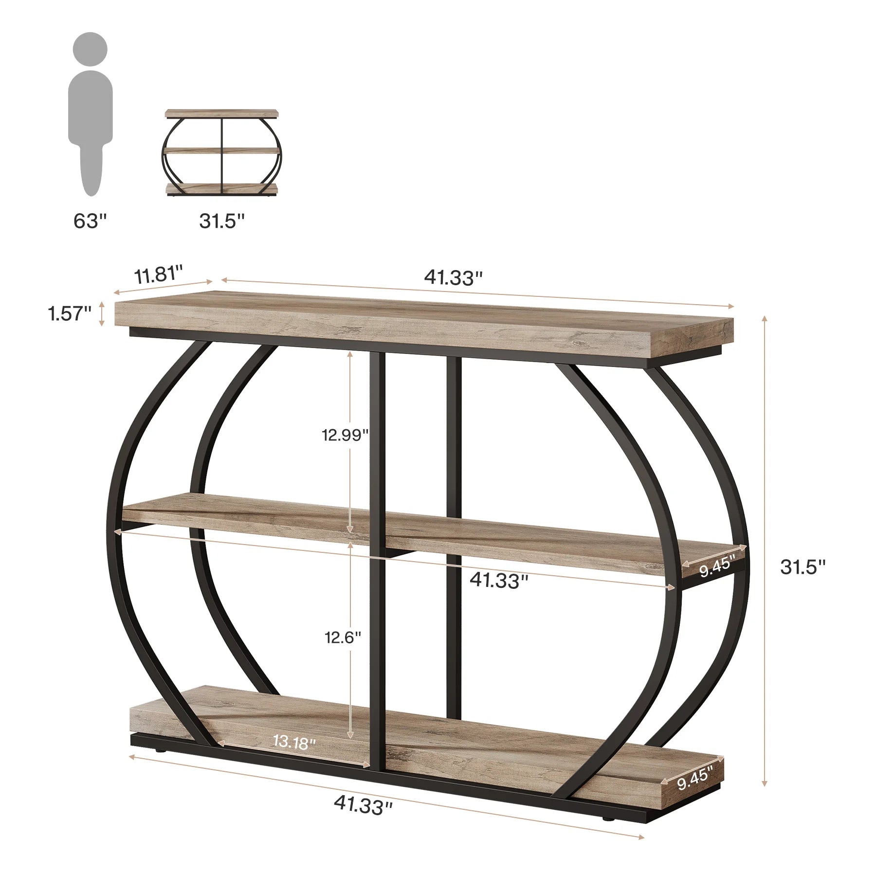 Rustic Industrial Console Table with Arched Metal Frame and 3 Storage Shelves for Entryway — 41 in