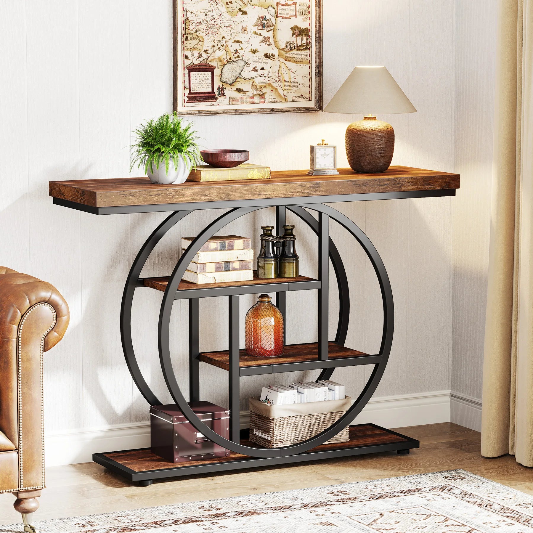 Rustic Wood 4-Tier Console Table with Round Metal Frame for Entryway — 41.3in