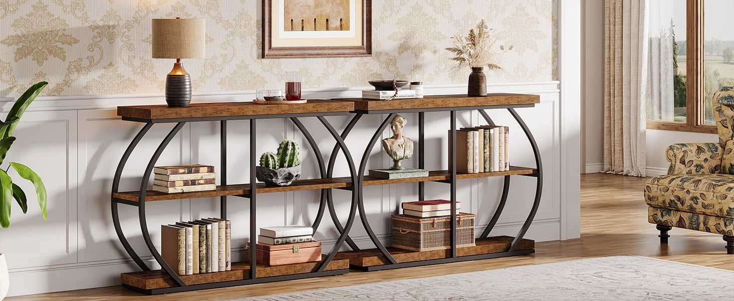 Rustic Industrial Console Table with Arched Metal Frame and 3 Storage Shelves for Entryway — 41 in