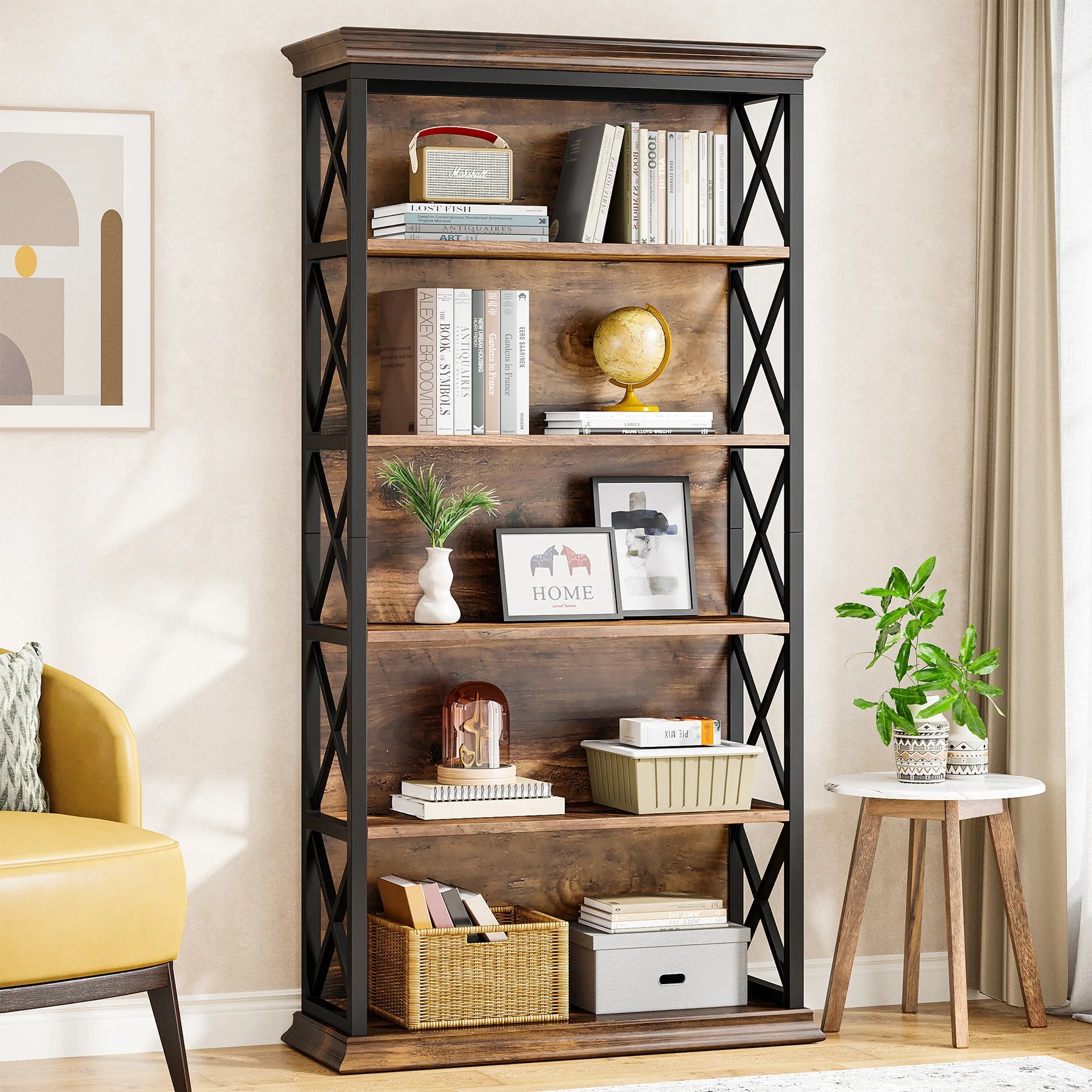 Industrial 6-Tier Bookcase with X-Frame for Living Room — 71in Tall Open Bookshelf