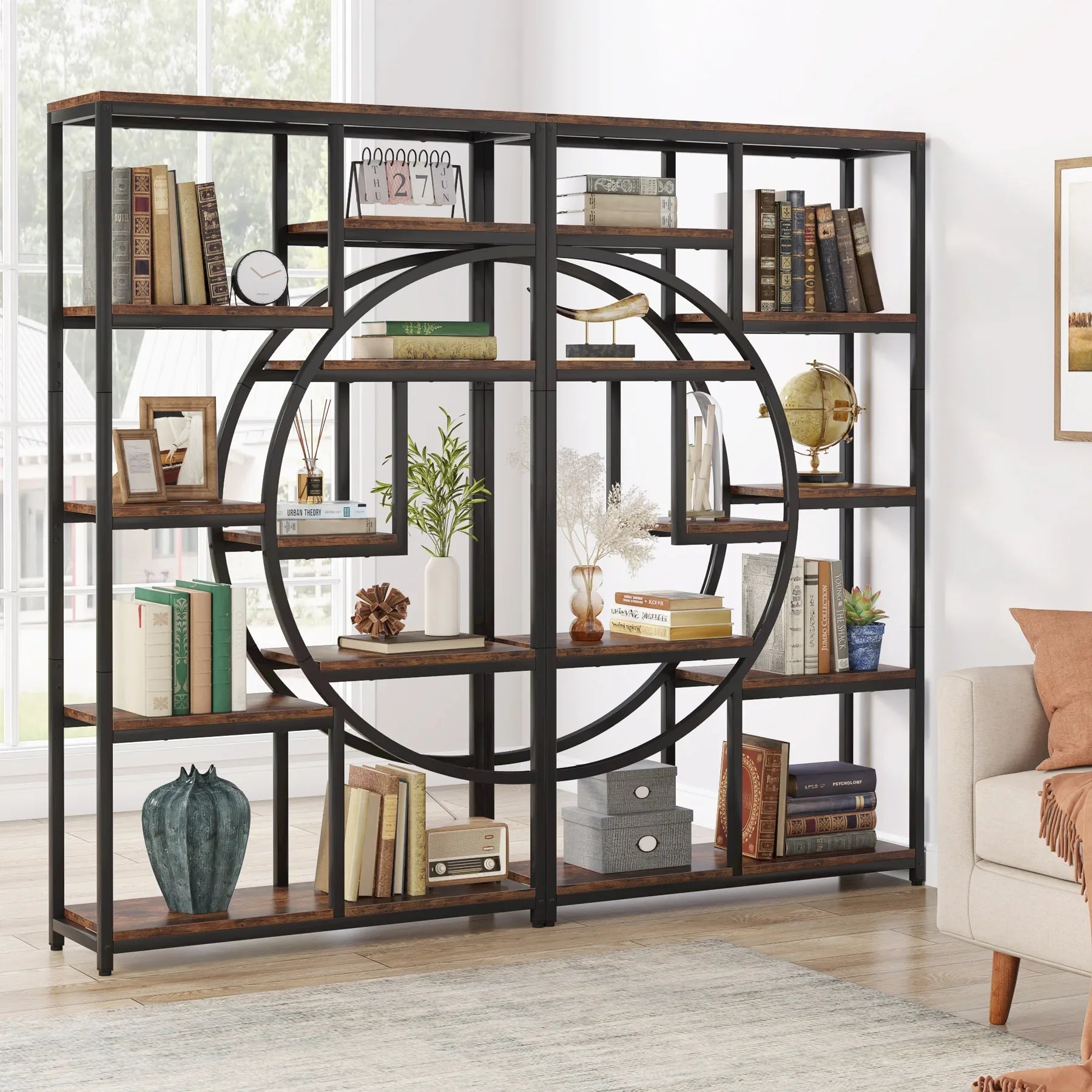 Industrial Etagere Bookcase with Curved Arc for Living Room — 71" Tall Freestanding