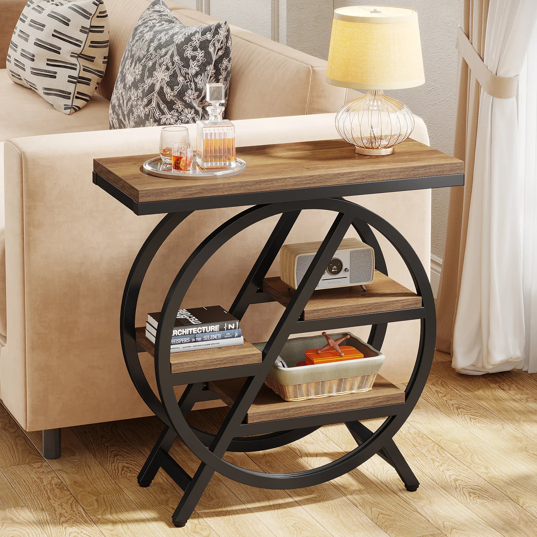 Rustic Wood 3-Tier Side Table with Round Metal Frame for Living Room — Narrow