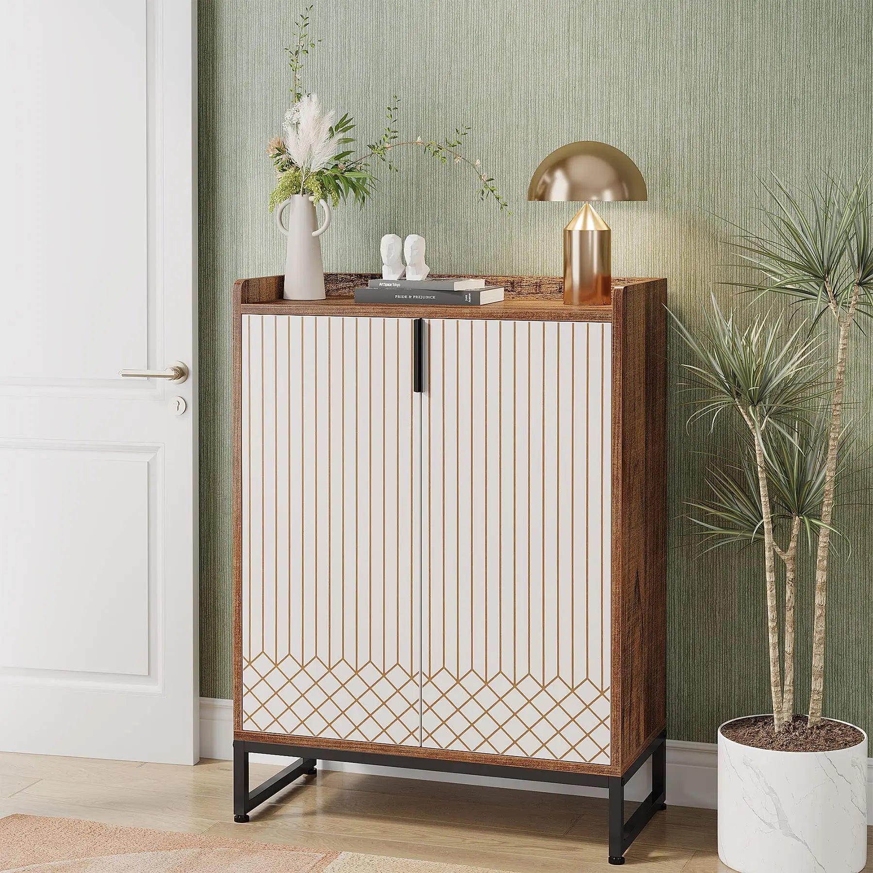 White Gold-Accent Shoe Cabinet with Doors for Entryway — 5-Tier Storage