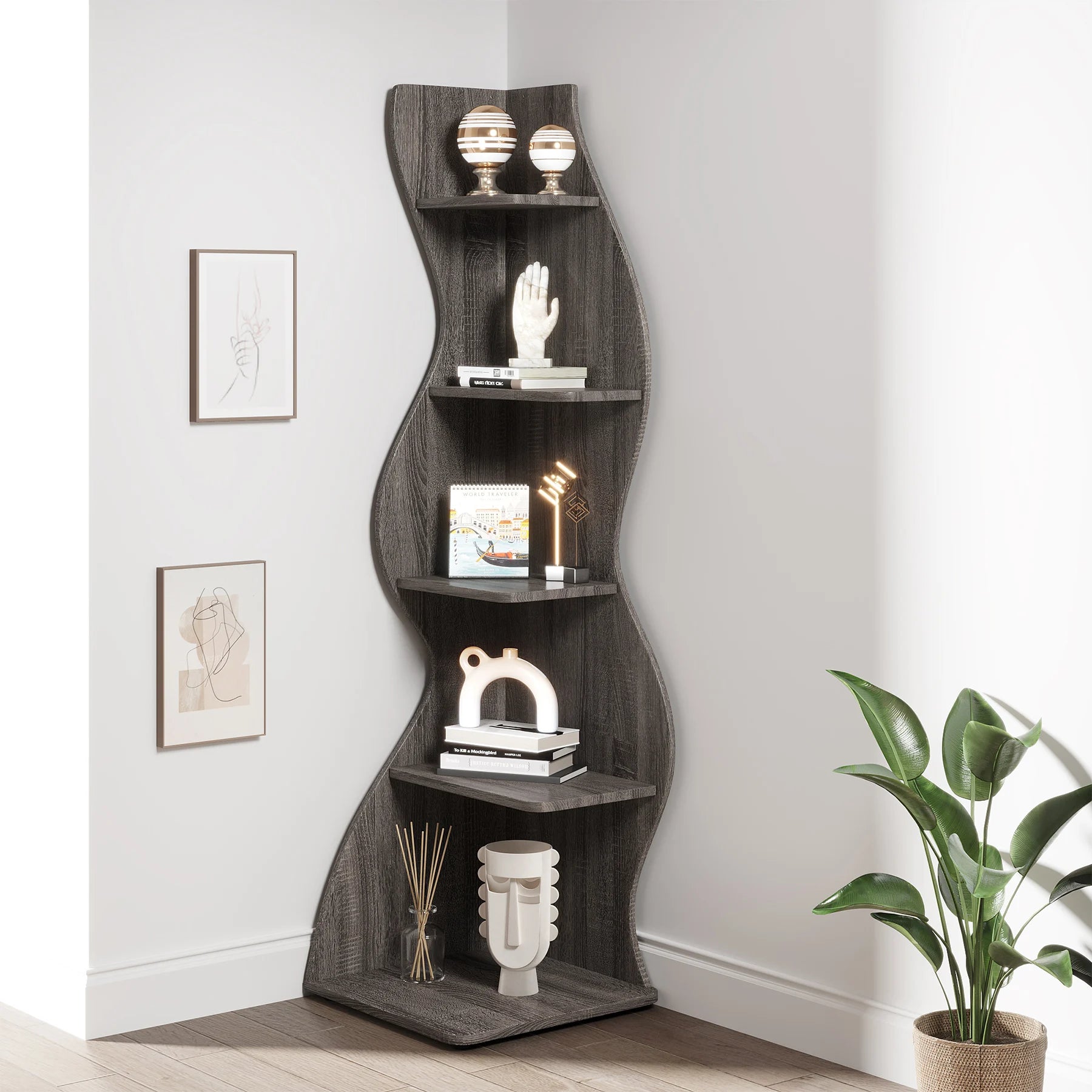 White Wave 5-Tier Corner Bookshelf with Curved Silhouette for Living Room — 65"H Floor Shelf