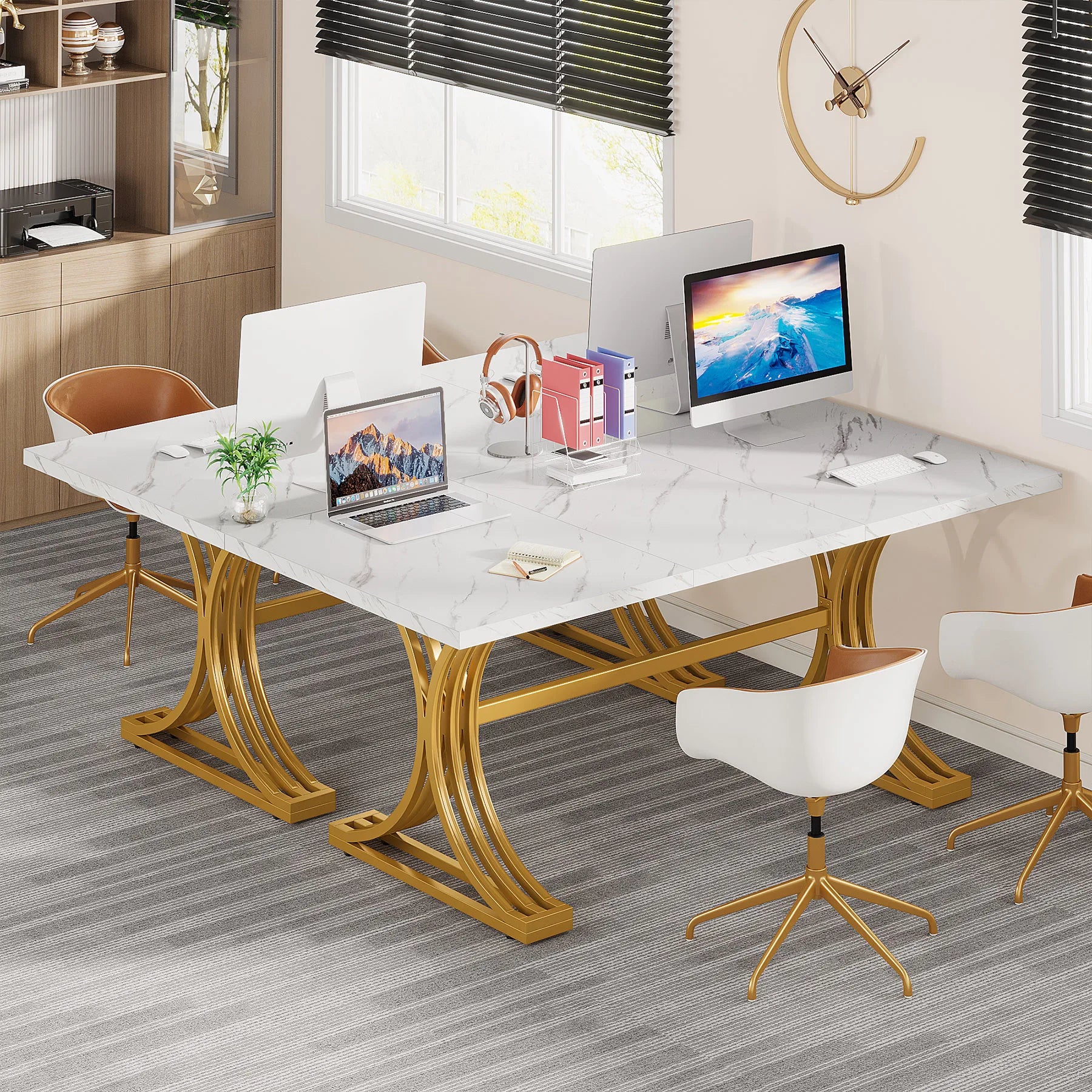 White Executive Desk with Gold Metal Legs for Home Office — 70.9"