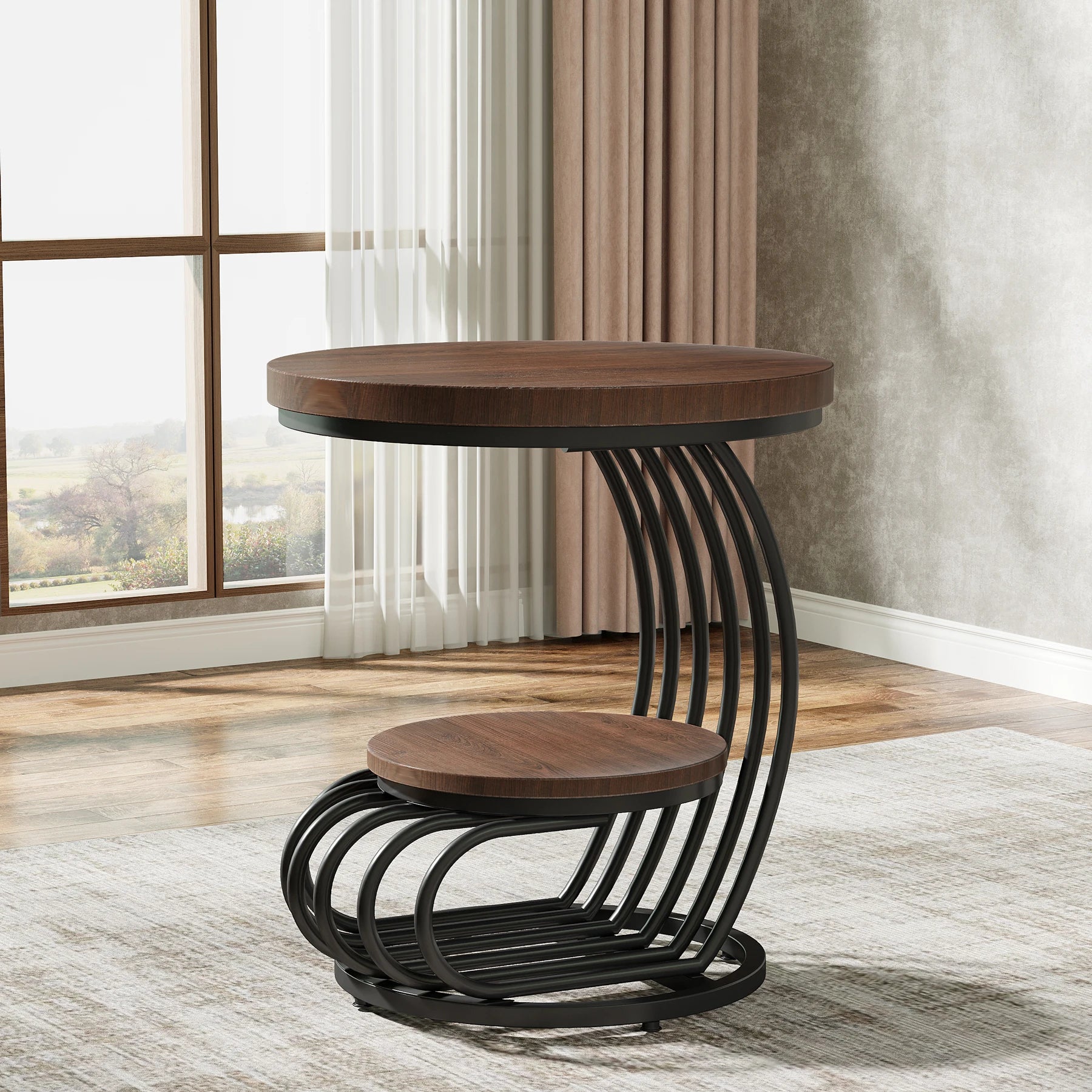 Gold Round Side Table with Faux-Marble Tiers for Living Room — 20-inch Sculptural Accent Table