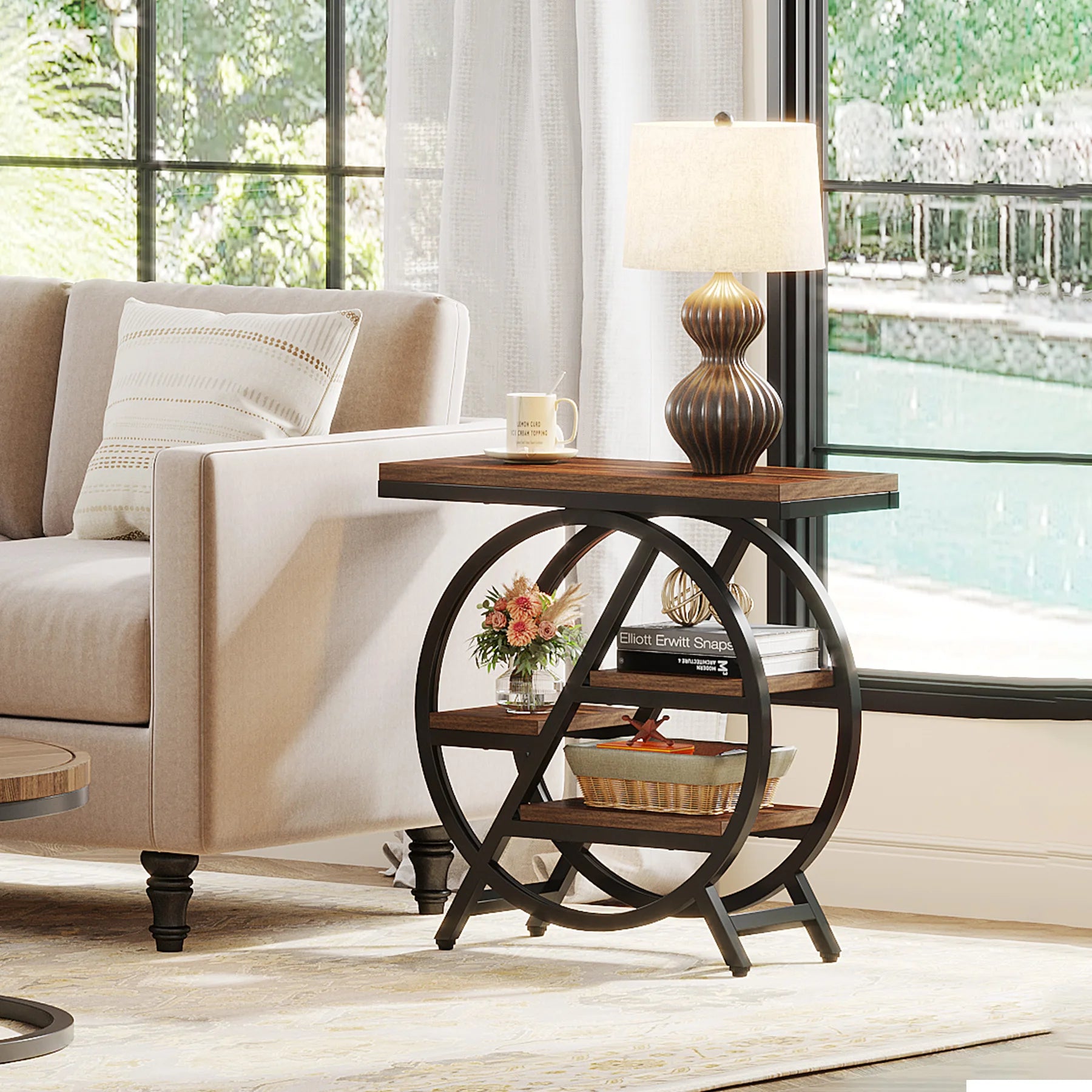 Rustic Wood 3-Tier Side Table with Round Metal Frame for Living Room — Narrow