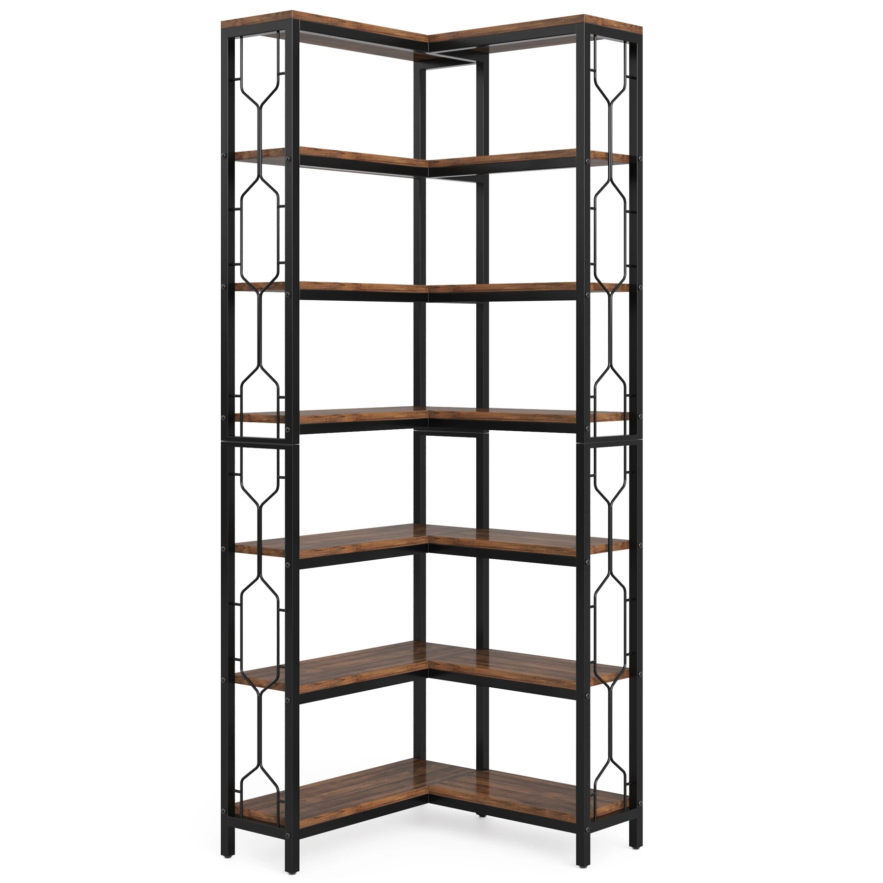 Industrial Corner Bookcase with 7 Shelves and Black Metal Frame for Living Room — 71" Tall