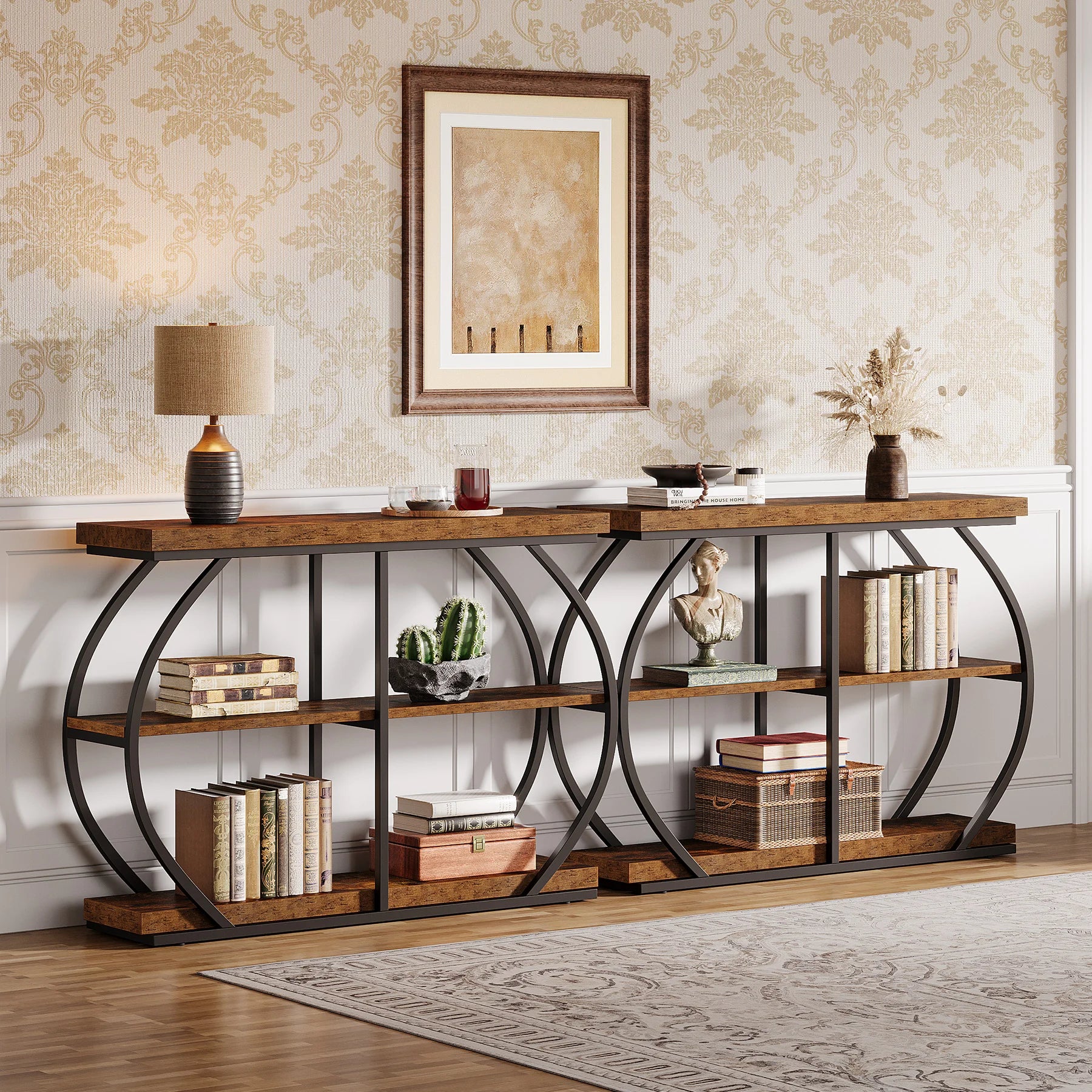 Rustic Industrial Console Table with Arched Metal Frame and 3 Storage Shelves for Entryway — 41 in