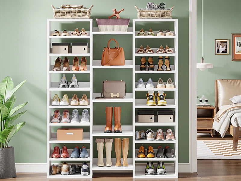 White Wood 14-Tier Shoe Rack with 22 Open Cubbies for Entryway — Holds 46 Pairs