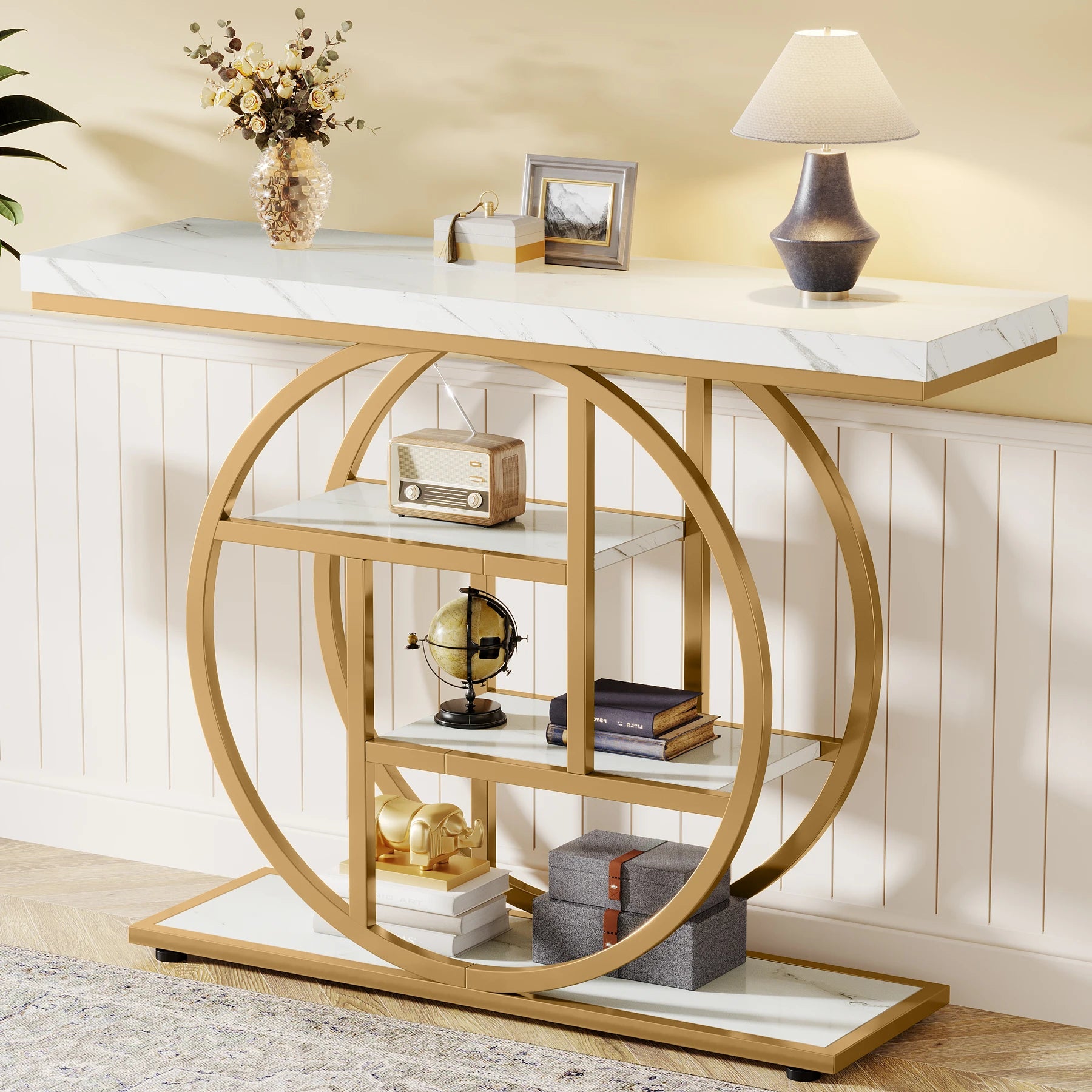 Rustic Wood 4-Tier Console Table with Round Metal Frame for Entryway — 41.3in