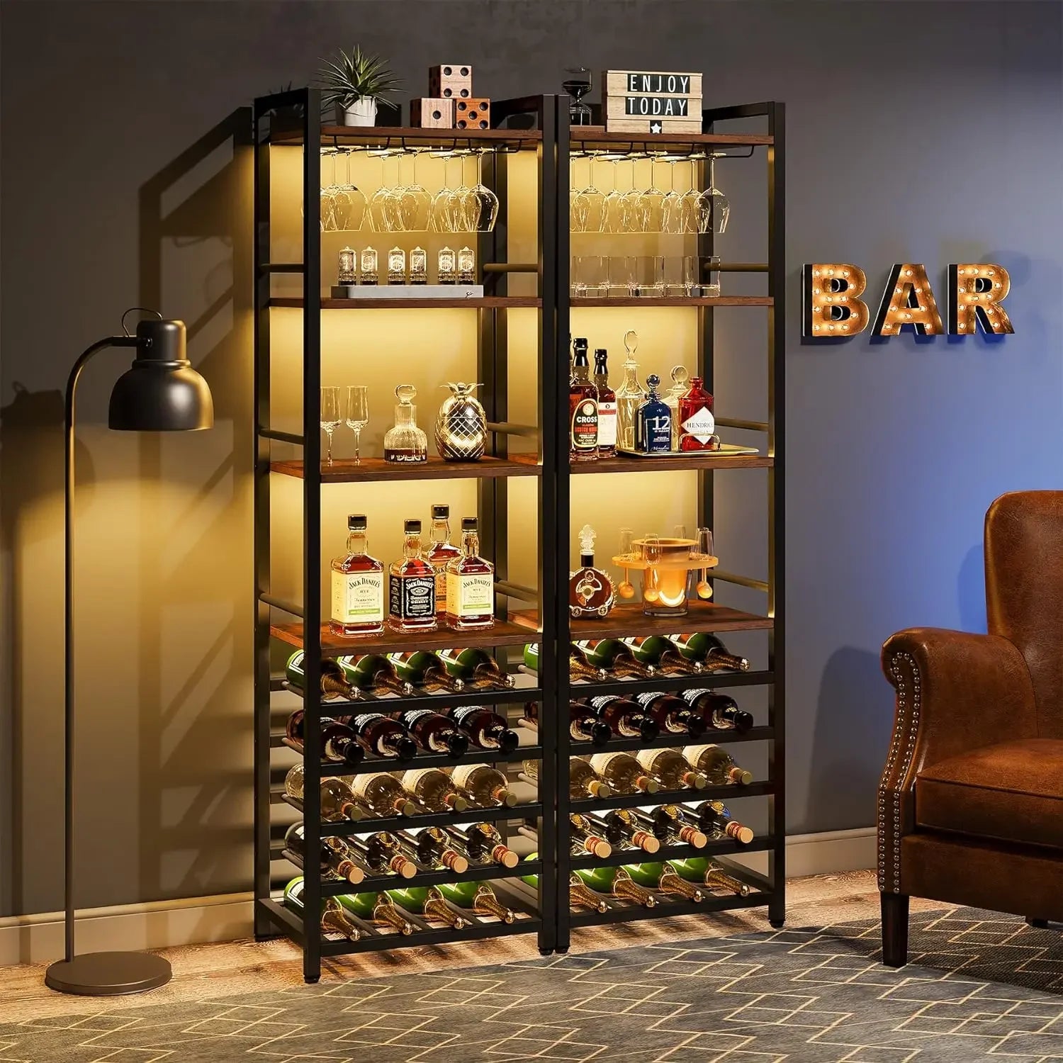 Industrial Wine Bakers Rack, 20-Bottle Freestanding Wine Rack with Glass Holder & Storage Shelves