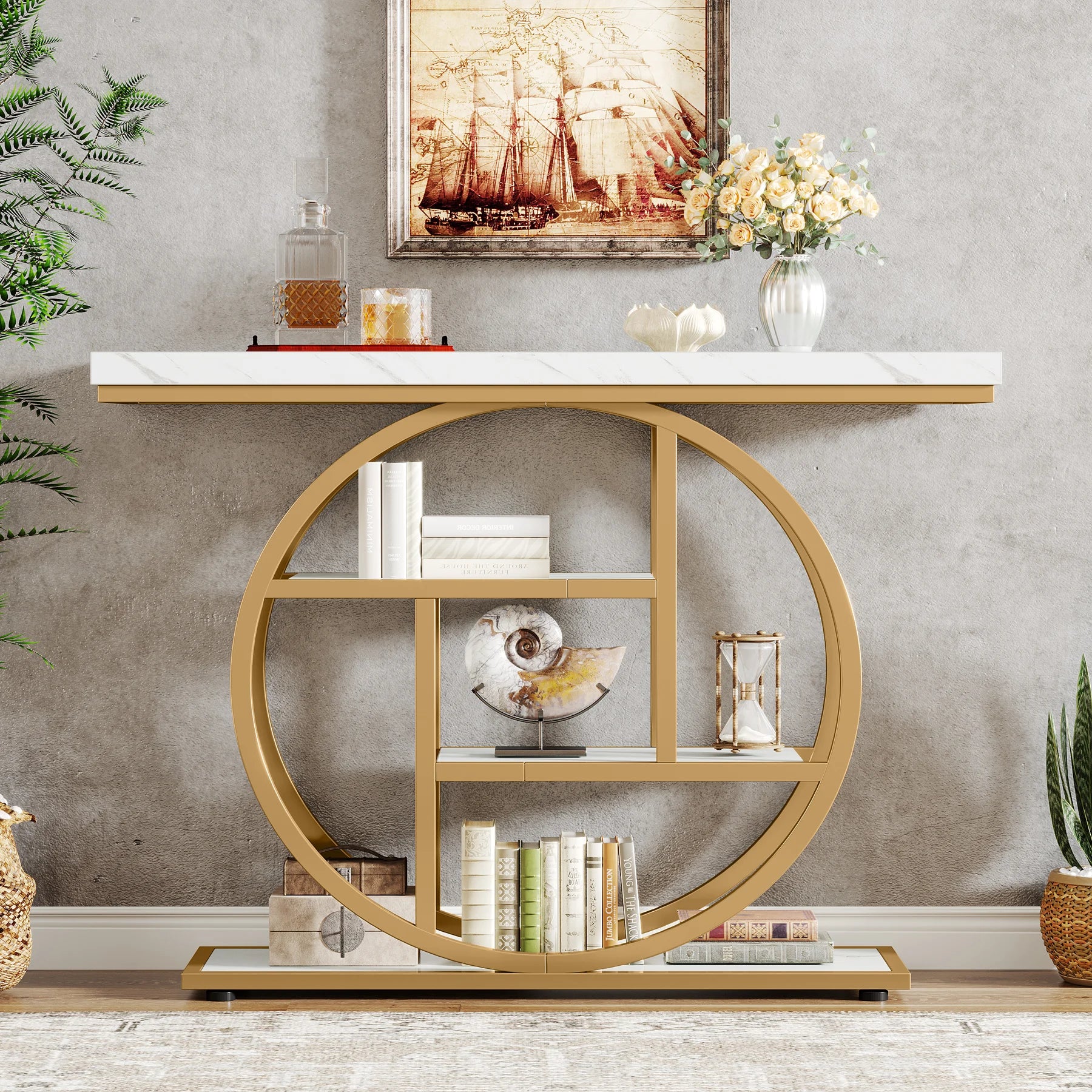 Rustic Wood 4-Tier Console Table with Round Metal Frame for Entryway — 41.3in