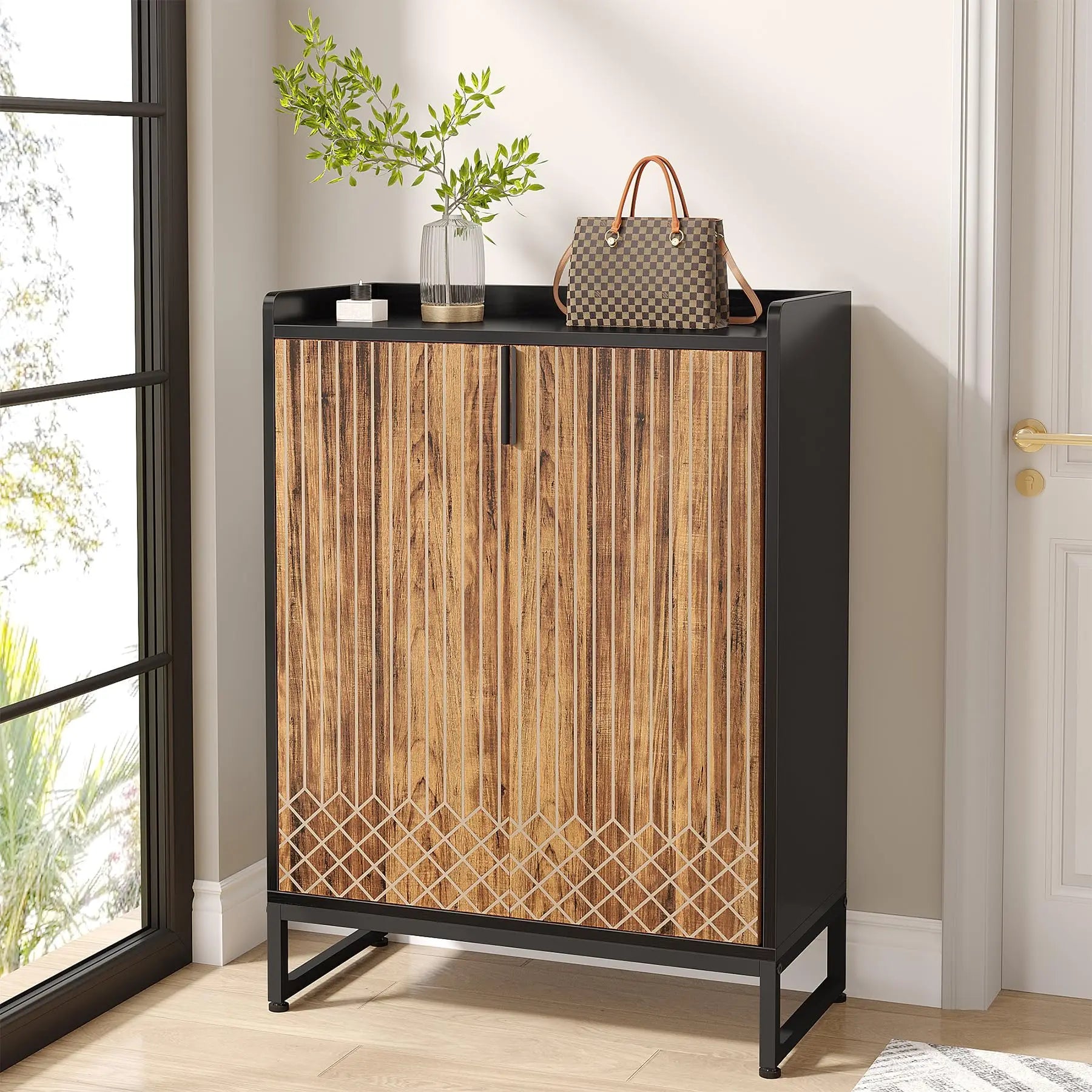White Gold-Accent Shoe Cabinet with Doors for Entryway — 5-Tier Storage