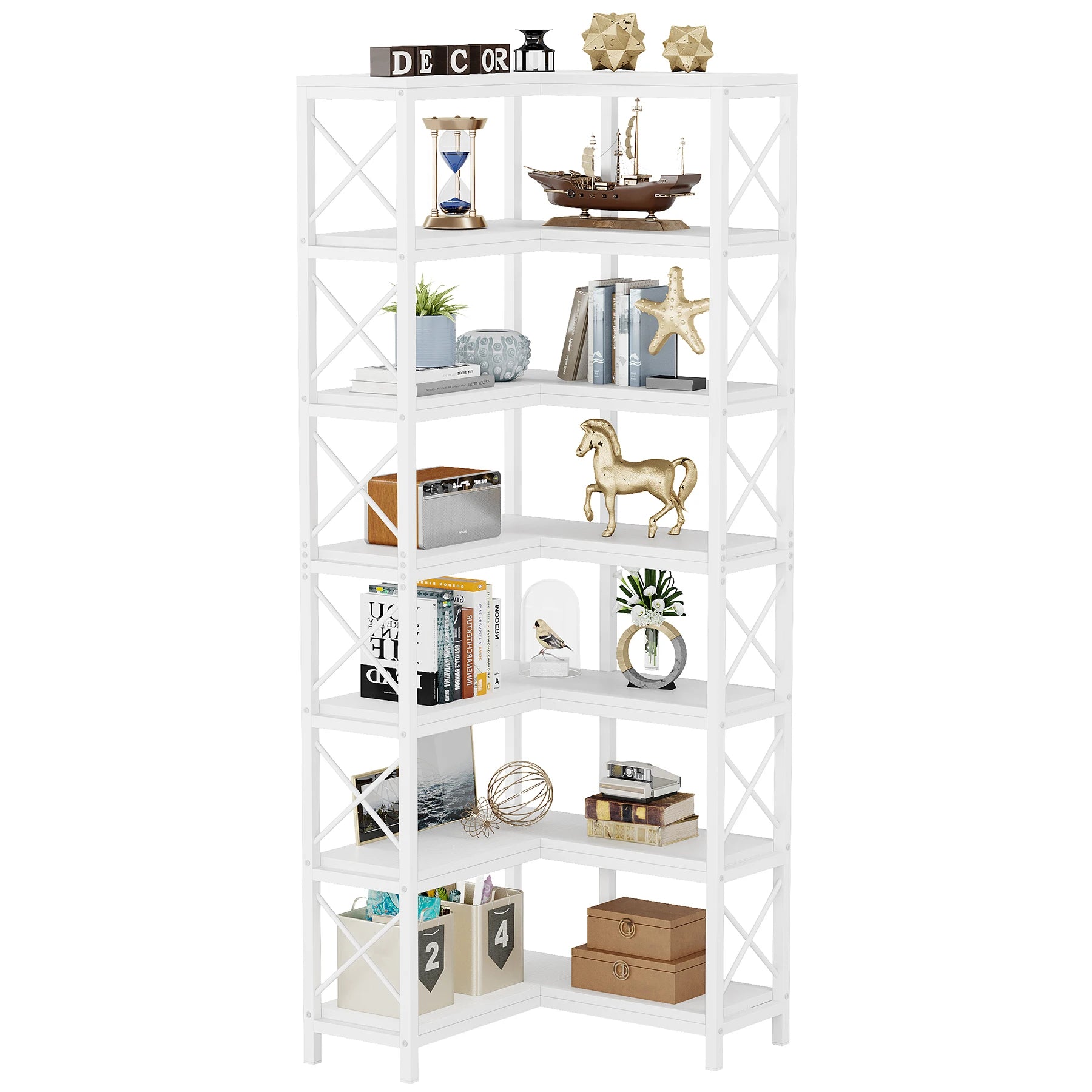 Industrial Corner Bookcase with 7 Shelves and Black Metal Frame for Living Room — 71" Tall