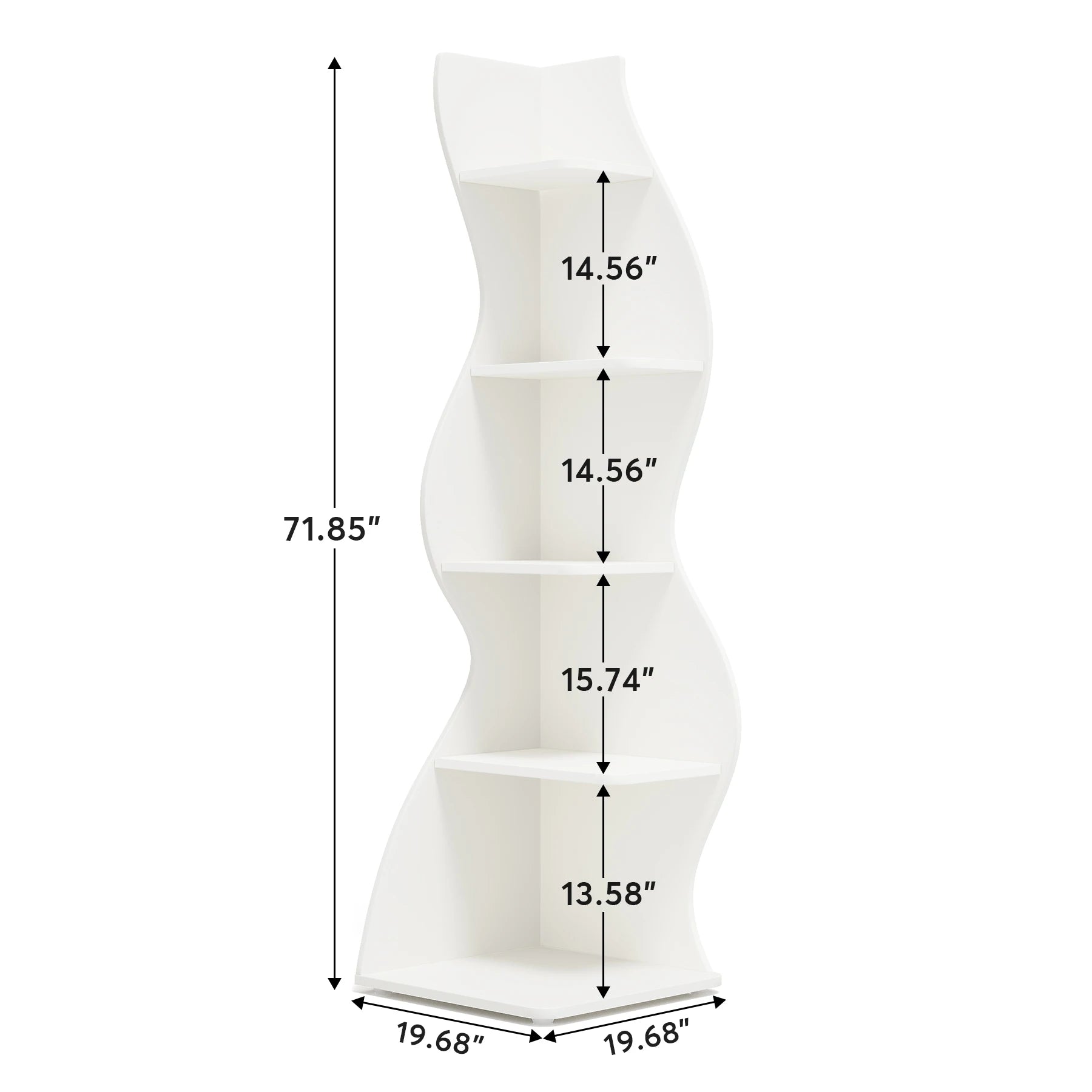 White Wave 5-Tier Corner Bookshelf with Curved Silhouette for Living Room — 65"H Floor Shelf