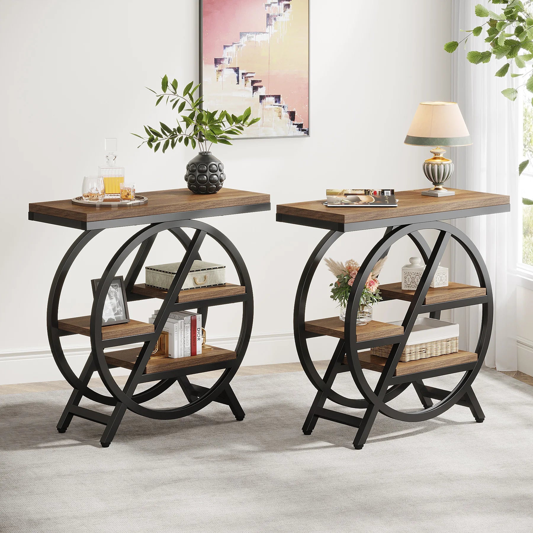 Rustic Wood 3-Tier Side Table with Round Metal Frame for Living Room — Narrow