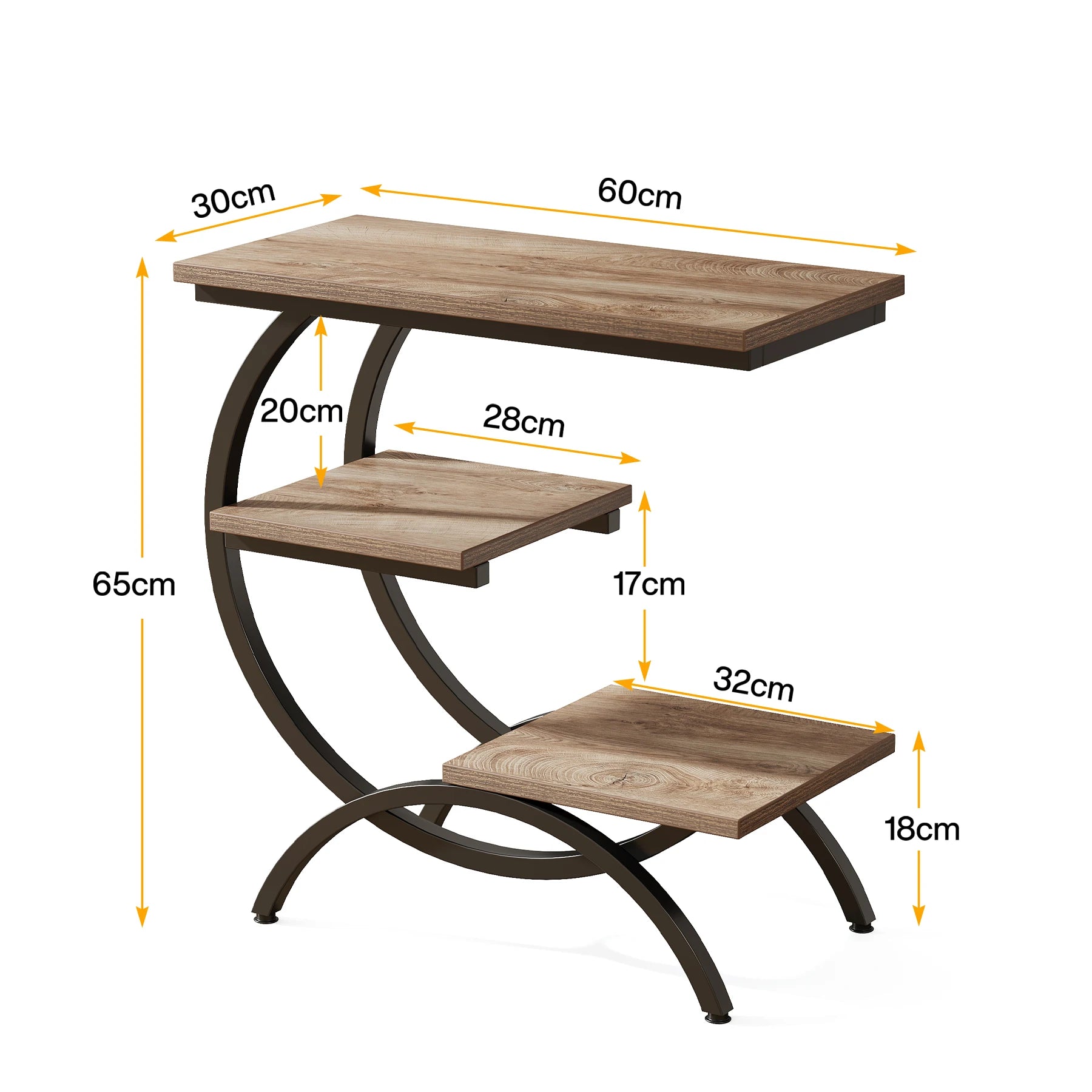 Industrial 3-Tier Side Table with Curved Metal Frame for Living Room — Rustic Brown Wood