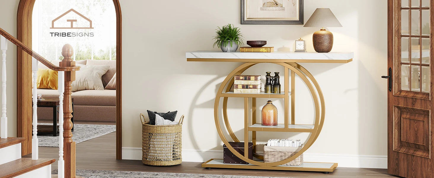 Faux Marble Gold Console Table with Storage Shelves for Entryway — 70" Behind-Sofa