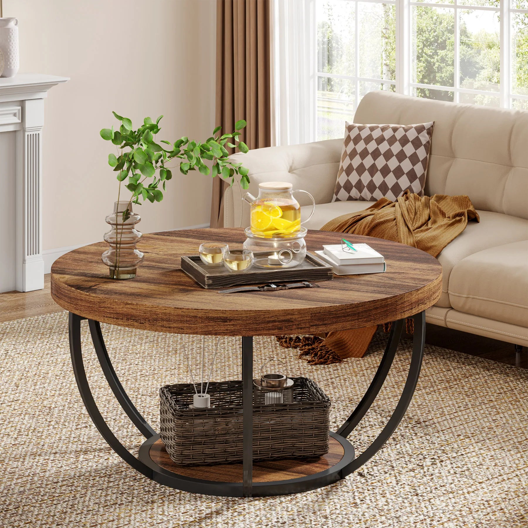 Round Industrial Coffee Table with Storage Shelf for Living Room — 31.7" Oak