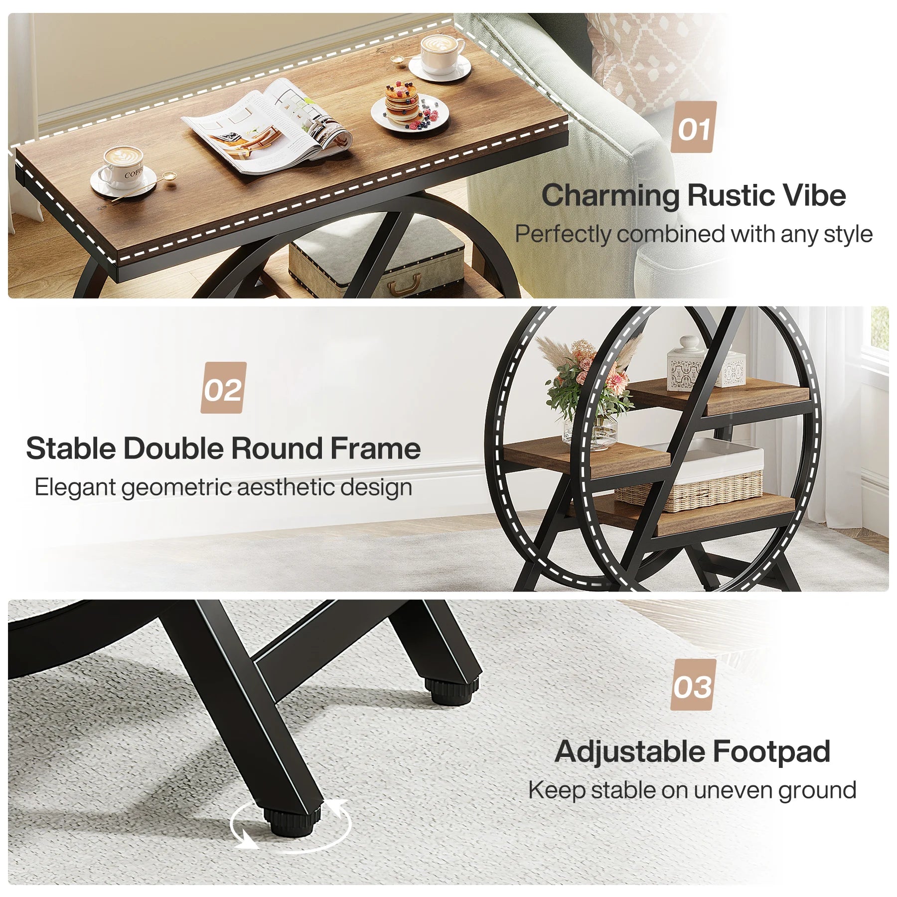 Rustic Wood 3-Tier Side Table with Round Metal Frame for Living Room — Narrow