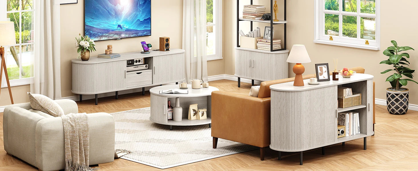 Mid-Century TV Stand for 80" TV — Fluted Walnut Media Console with Storage & Sliding Doors