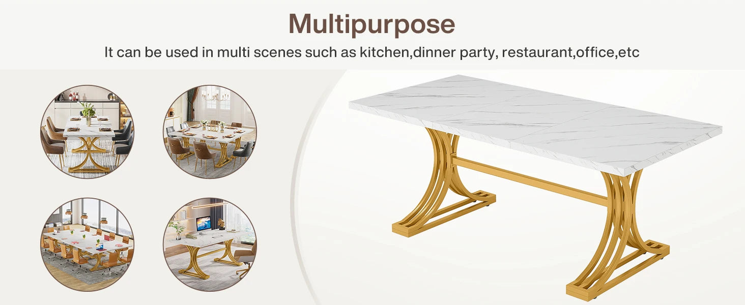White Executive Desk with Gold Metal Legs for Home Office — 70.9"