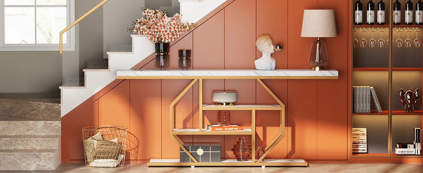 Faux Marble Gold Console Table with Storage Shelves for Entryway — 70" Behind-Sofa
