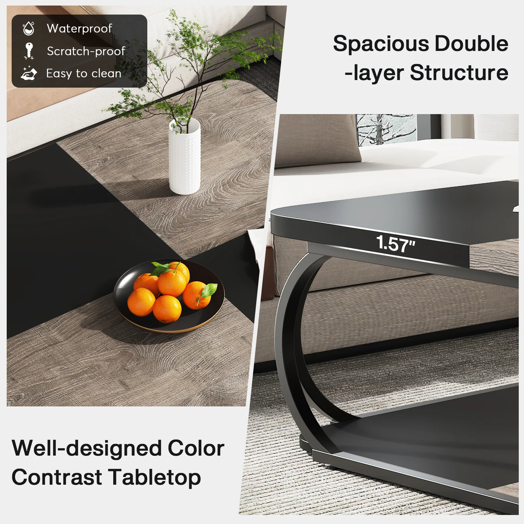 Two-Tone Wood Coffee Table with Storage Shelf for Living Room — 40in Square, Curved Metal Frame