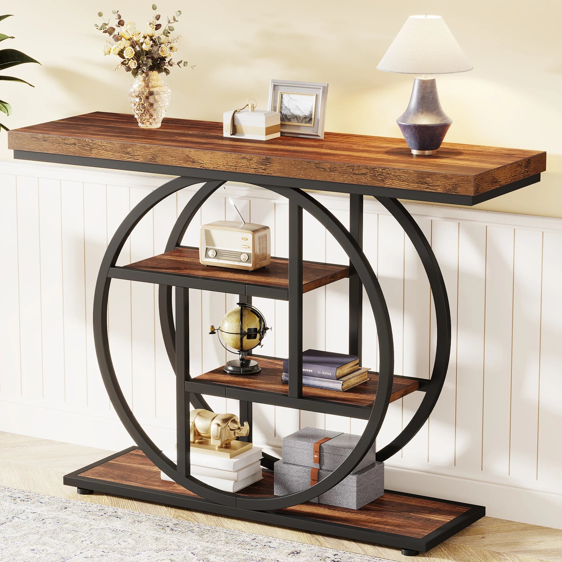 Rustic Wood 4-Tier Console Table with Round Metal Frame for Entryway — 41.3in
