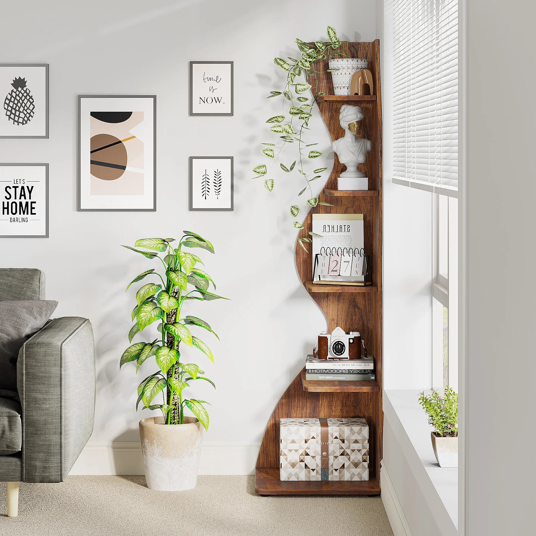 White Wave 5-Tier Corner Bookshelf with Curved Silhouette for Living Room — 65"H Floor Shelf