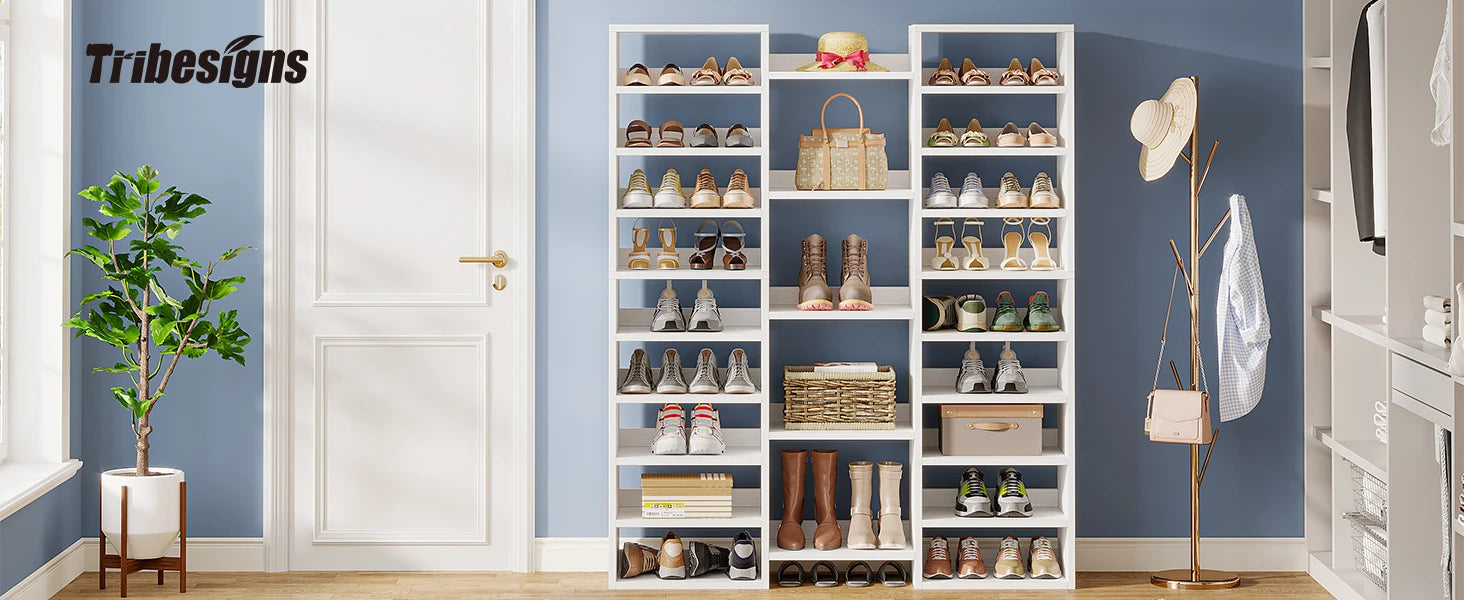 White Wood 14-Tier Shoe Rack with 22 Open Cubbies for Entryway — Holds 46 Pairs