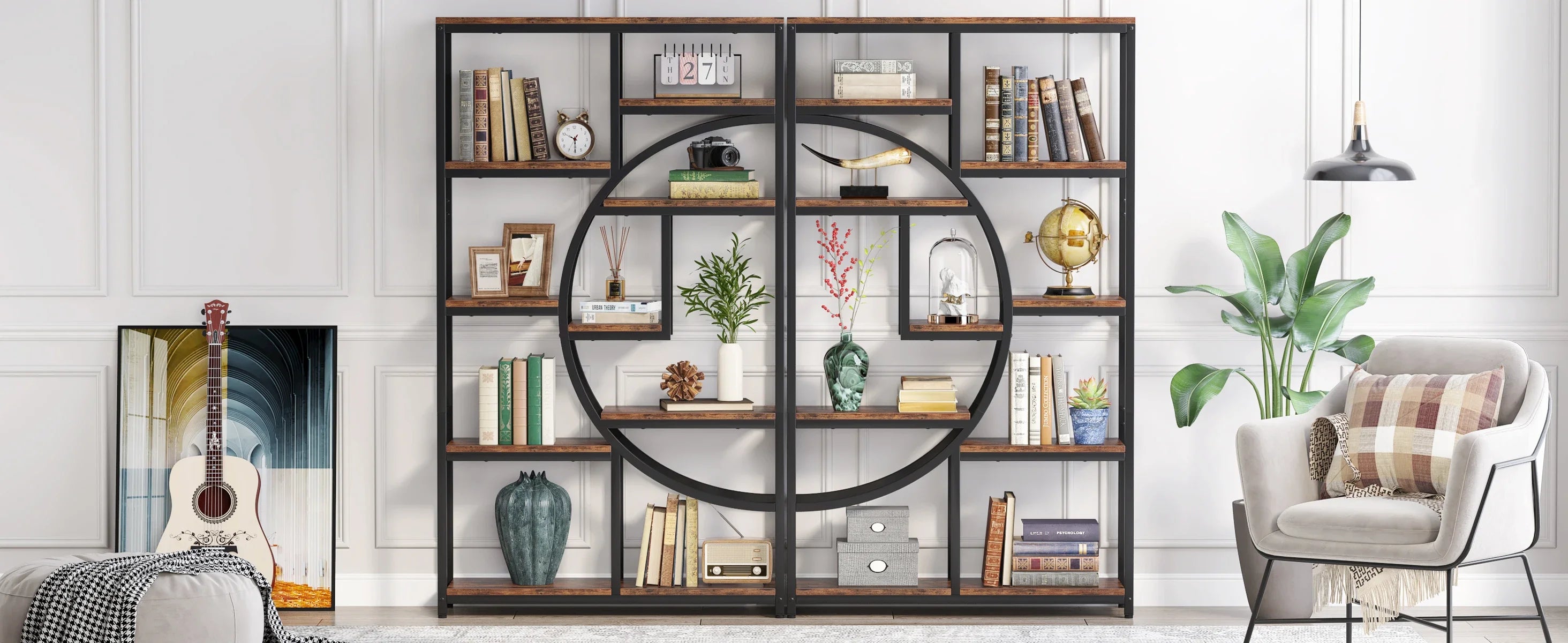 Industrial Etagere Bookcase with Curved Arc for Living Room — 71" Tall Freestanding