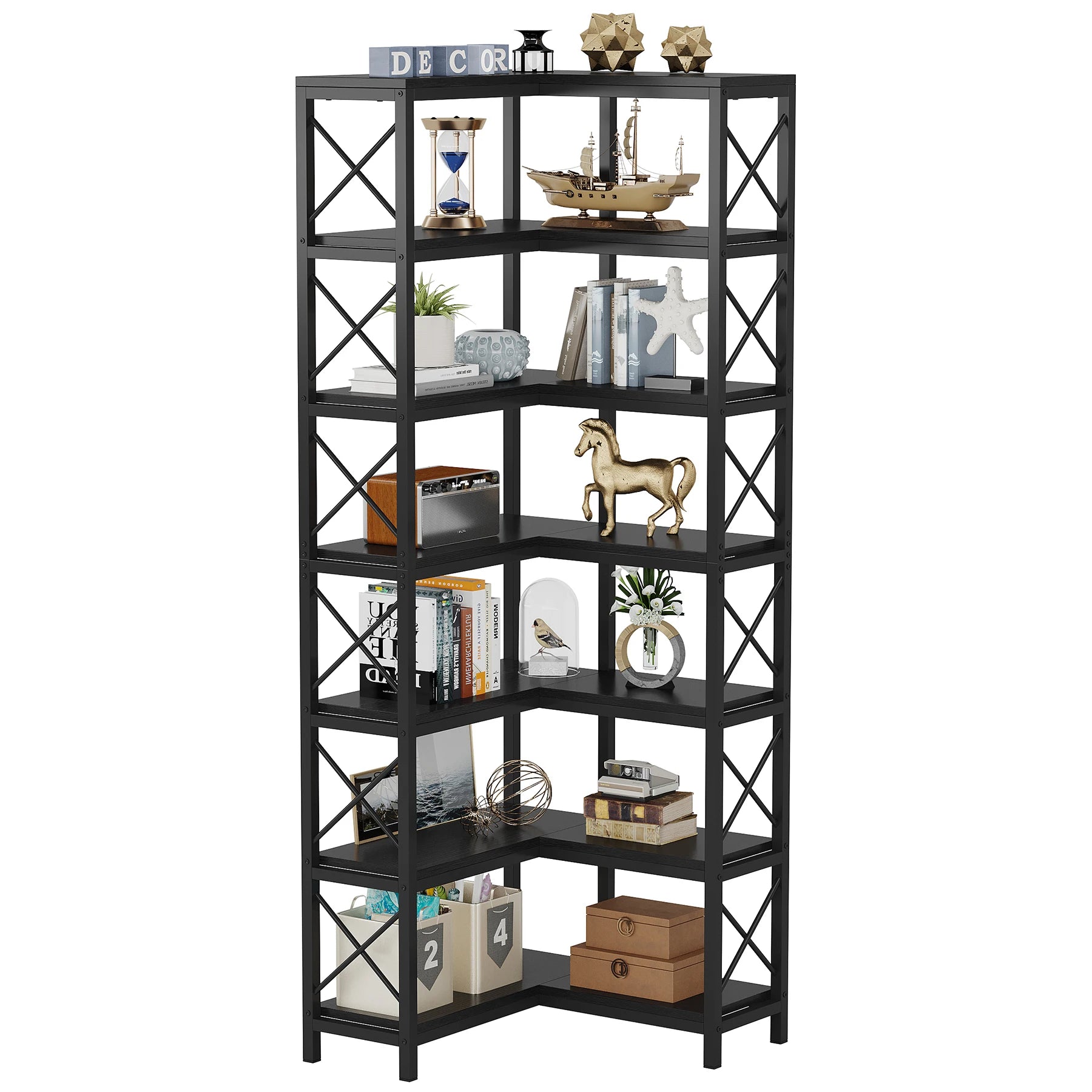Industrial Corner Bookcase with 7 Shelves and Black Metal Frame for Living Room — 71" Tall