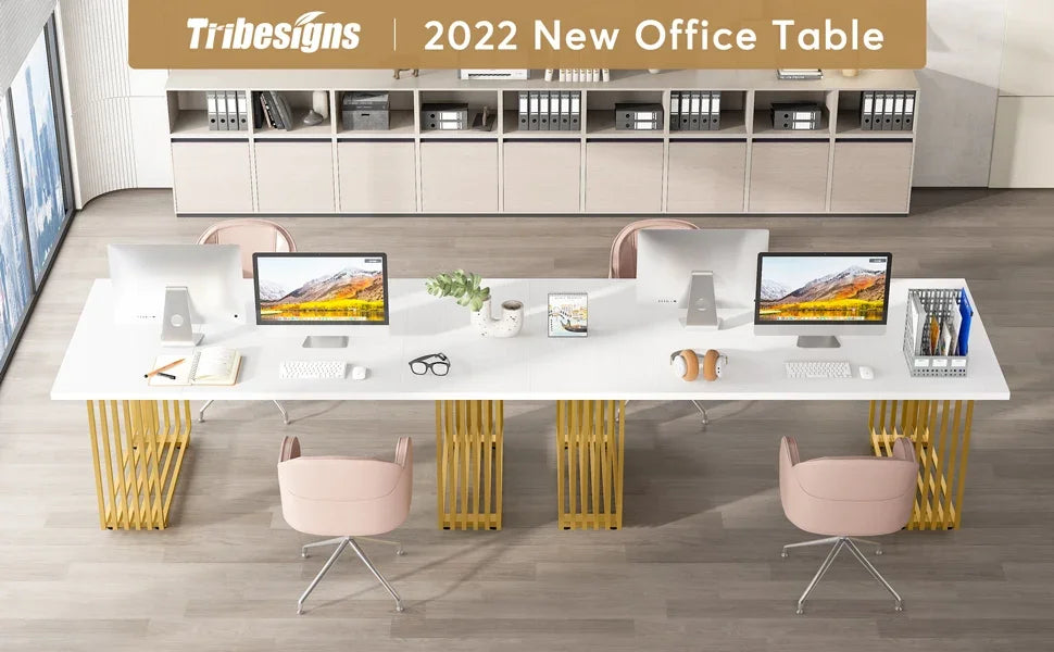 White Executive Desk with Gold Metal Legs for Home Office — 70.9"