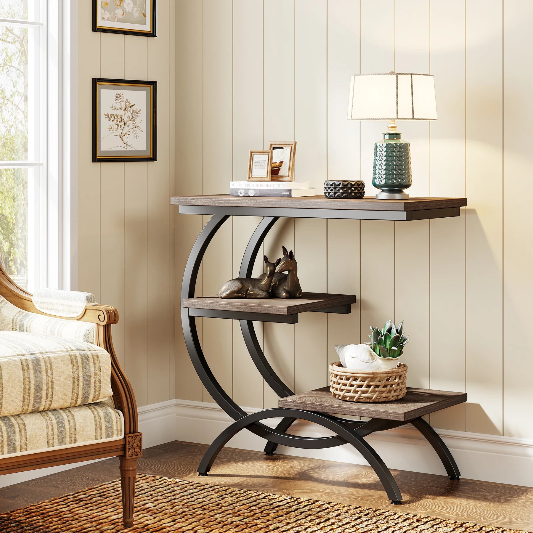 Industrial 3-Tier Side Table with Curved Metal Frame for Living Room — Rustic Brown Wood
