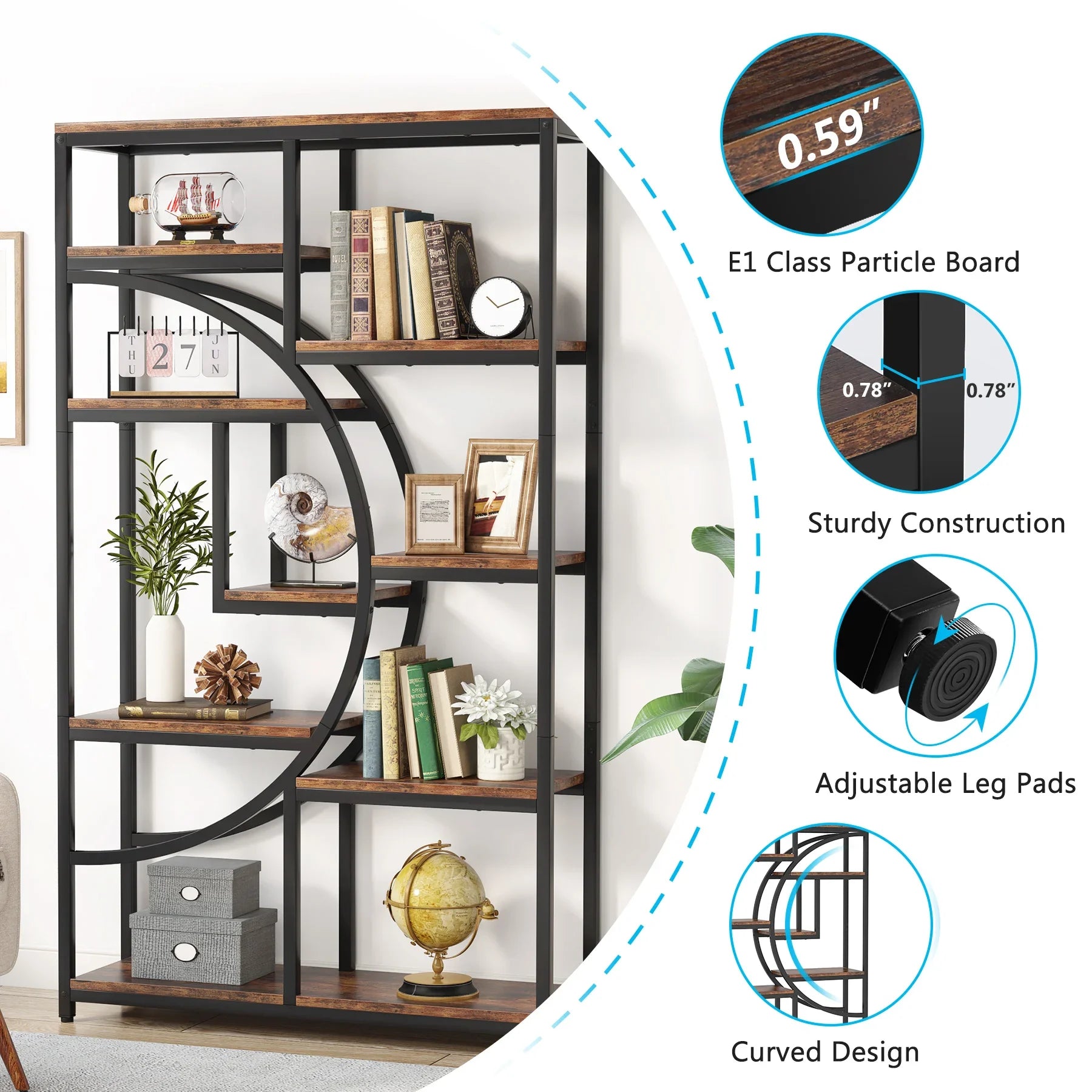 Industrial Etagere Bookcase with Curved Arc for Living Room — 71" Tall Freestanding