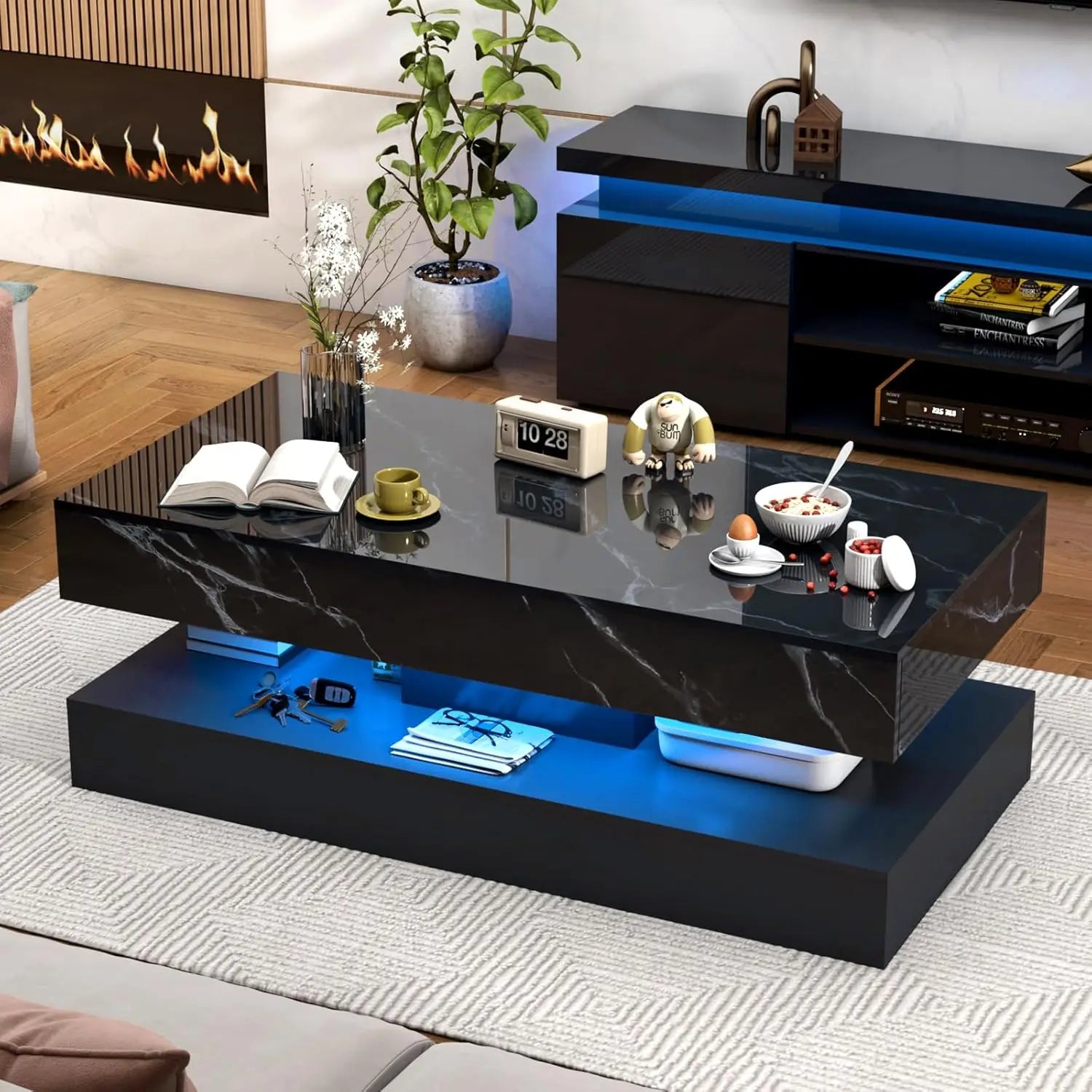 LED Coffee Table with Storage — Modern Faux Marble Coffee Table with Drawers for Living Room