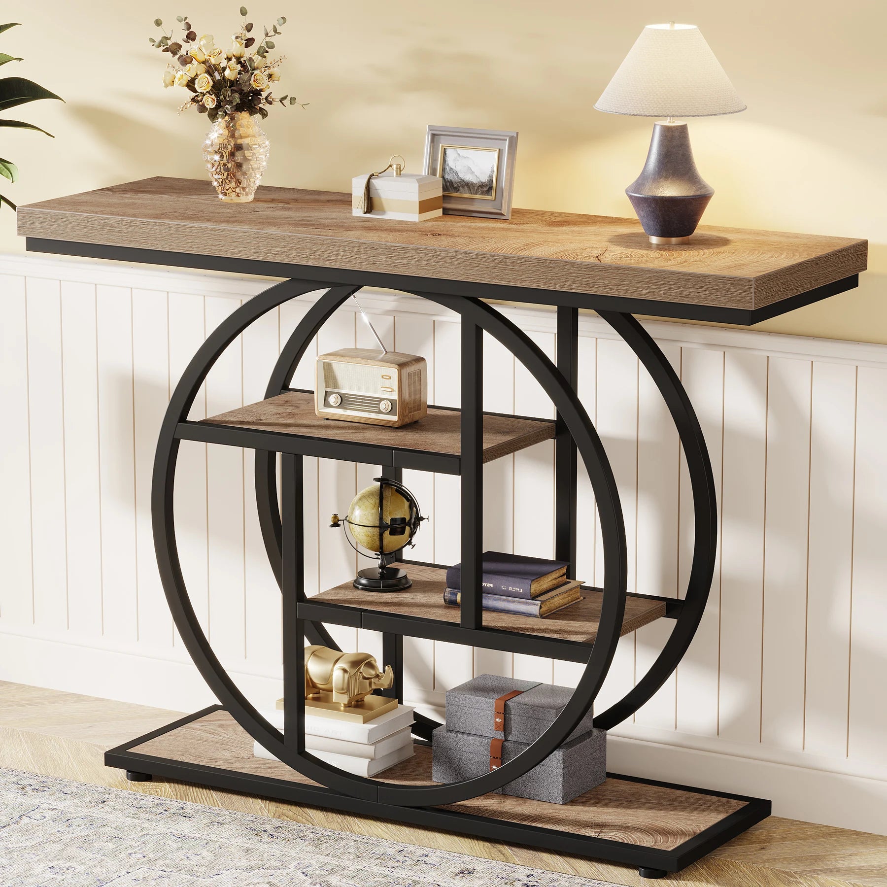 Rustic Wood 4-Tier Console Table with Round Metal Frame for Entryway — 41.3in