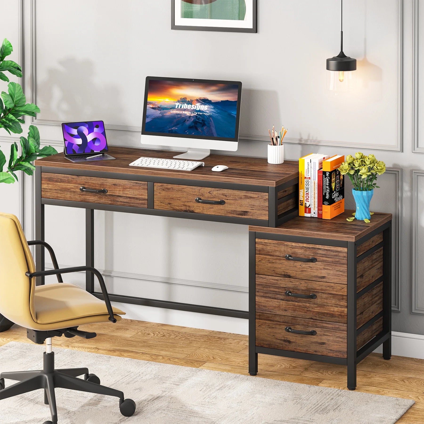 Industrial Computer Desk with 3 Drawers for Home Office — 59in Writing Table