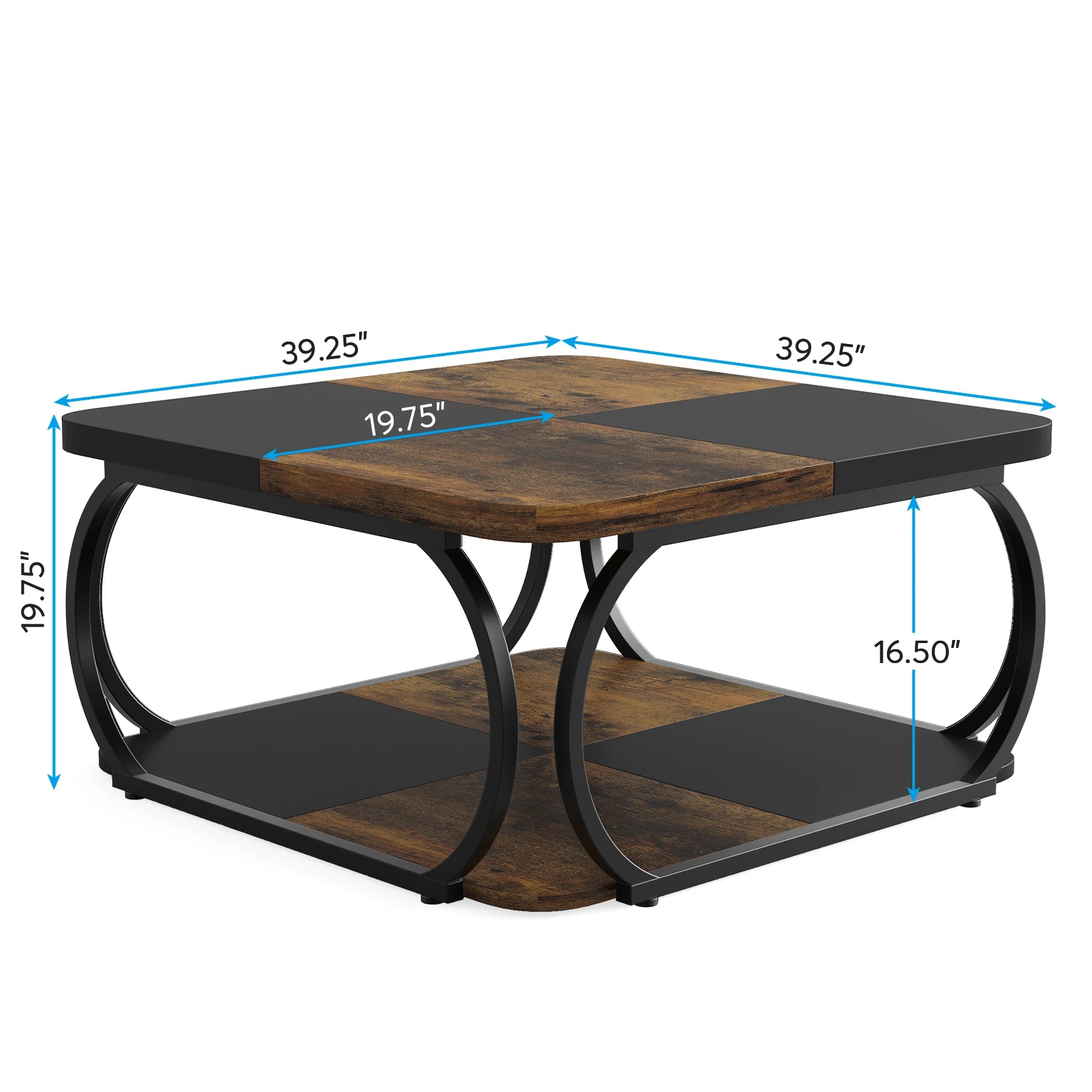 Two-Tone Wood Coffee Table with Storage Shelf for Living Room — 40in Square, Curved Metal Frame